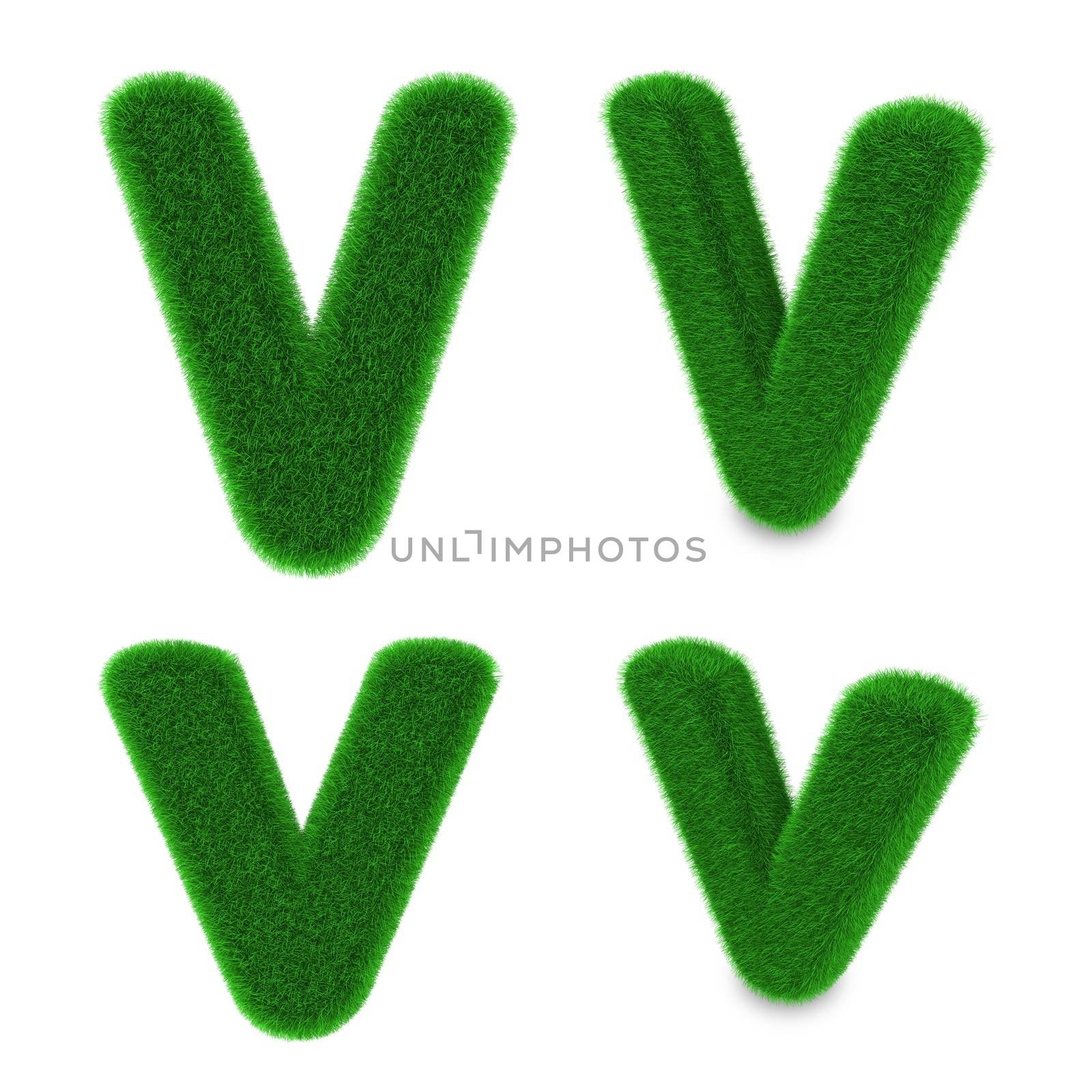 Letter V covered by green grass isolated on white background