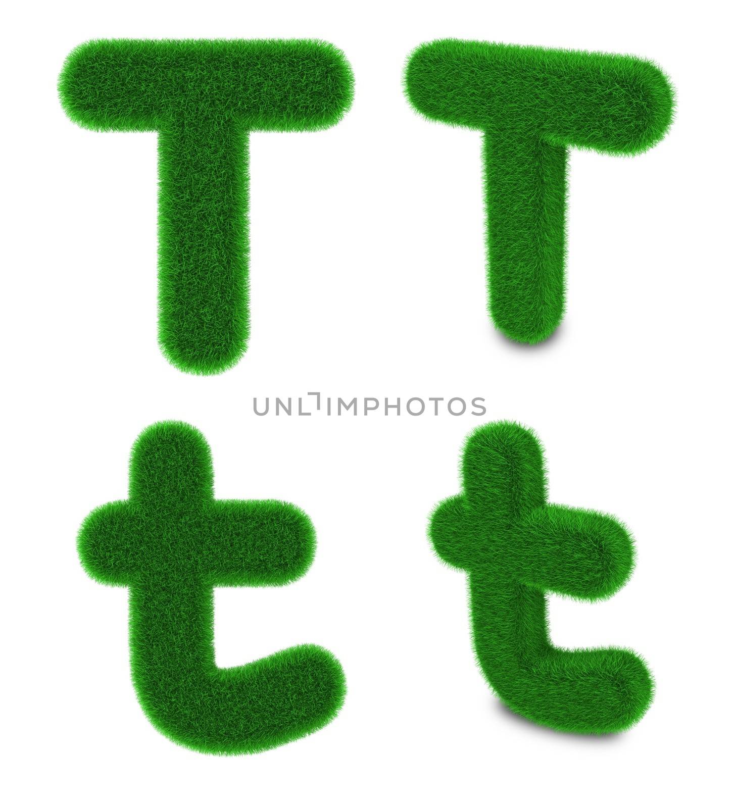 Letter T covered by green grass isolated on white background
