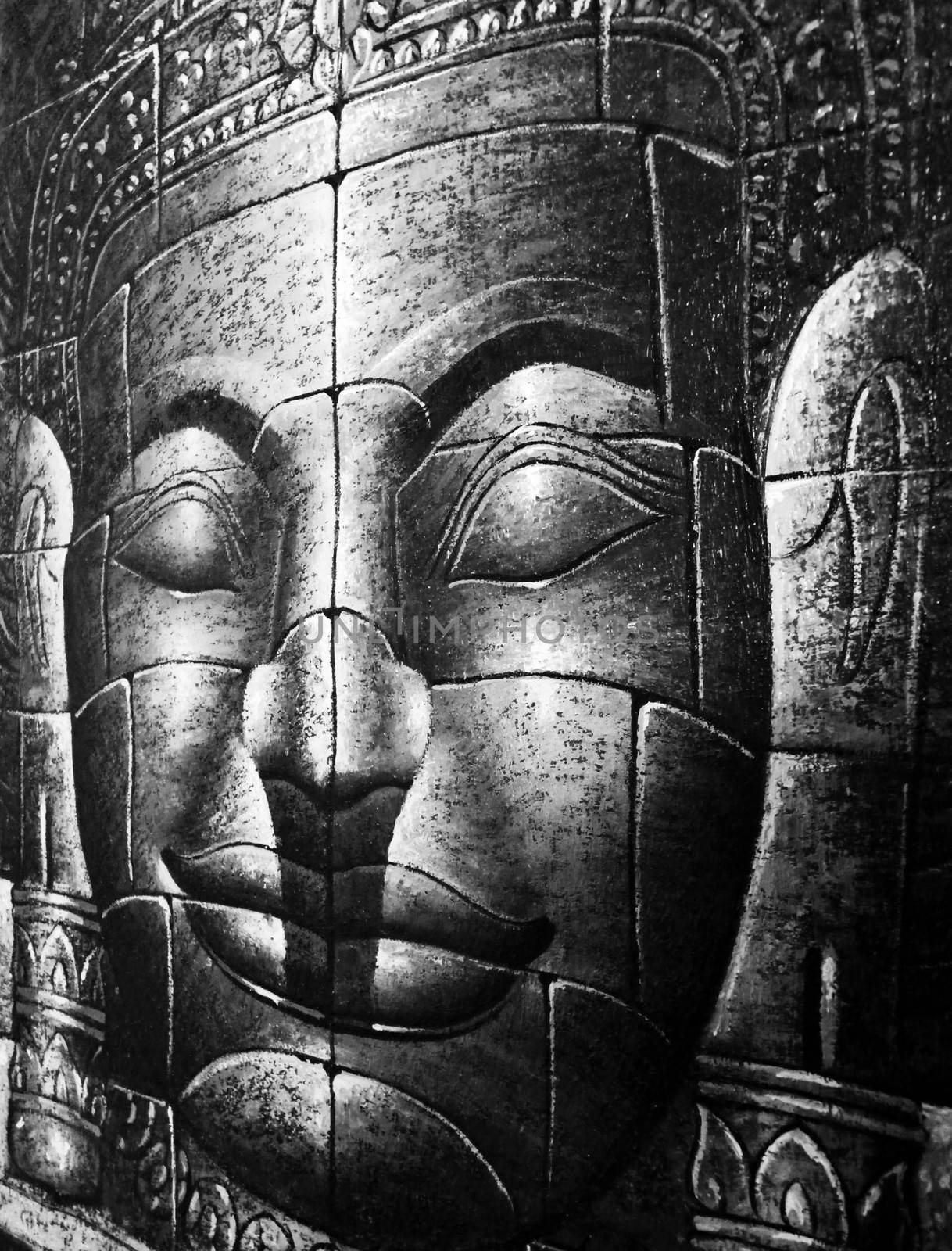Black and White Cambodian Buddha Face Picture Close Up