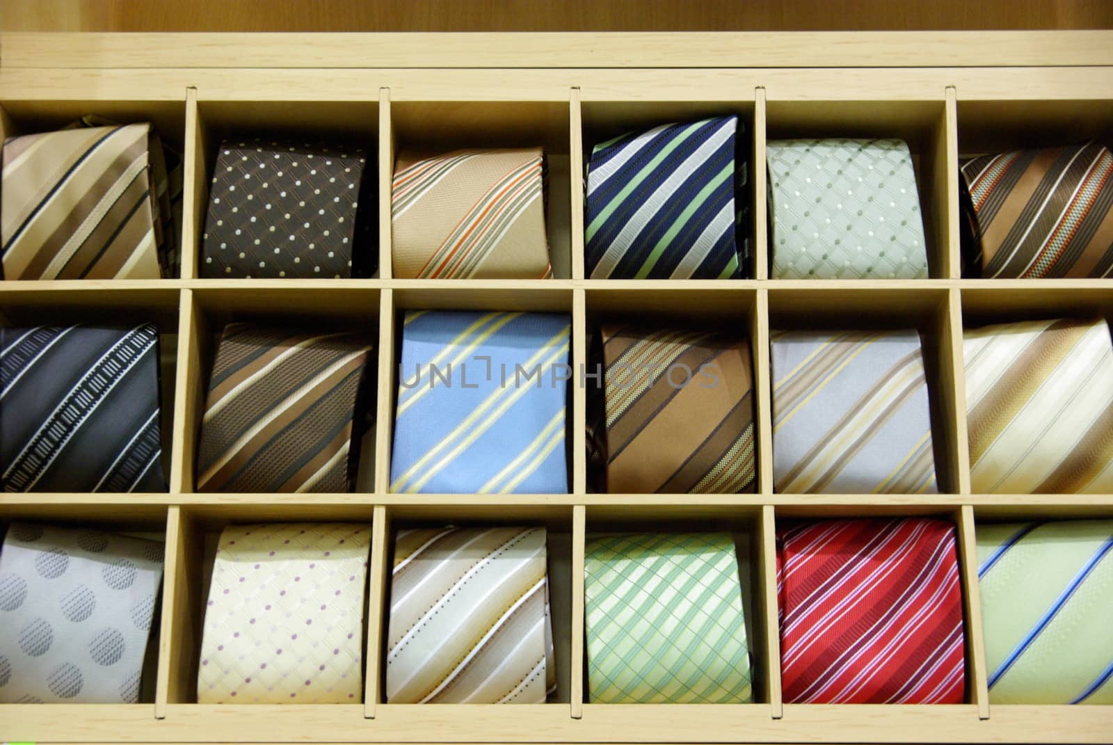 Colorful necktie in a shop, close up image.