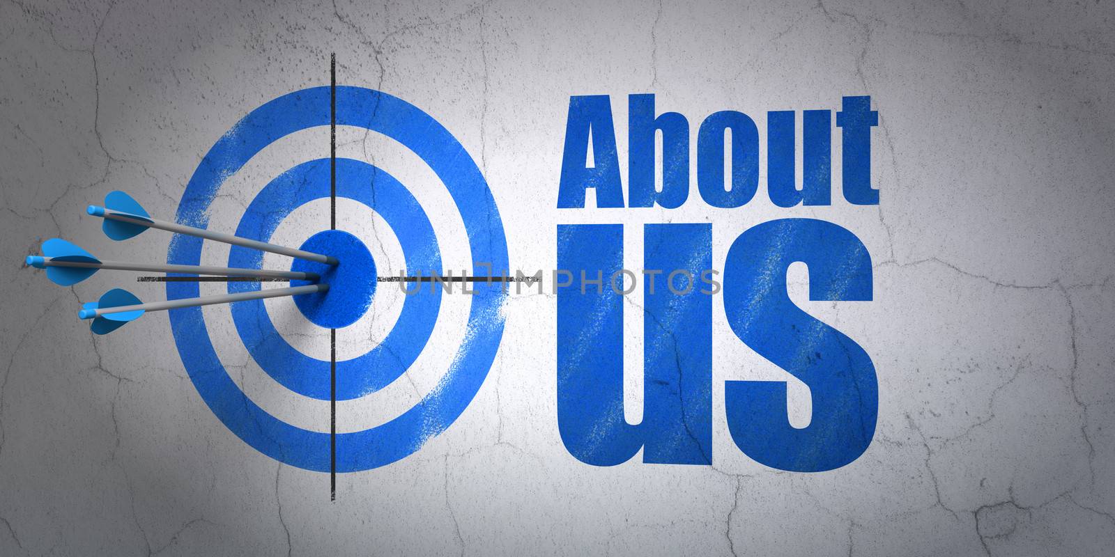 Success advertising concept: arrows hitting the center of target, Blue About Us on wall background, 3d render