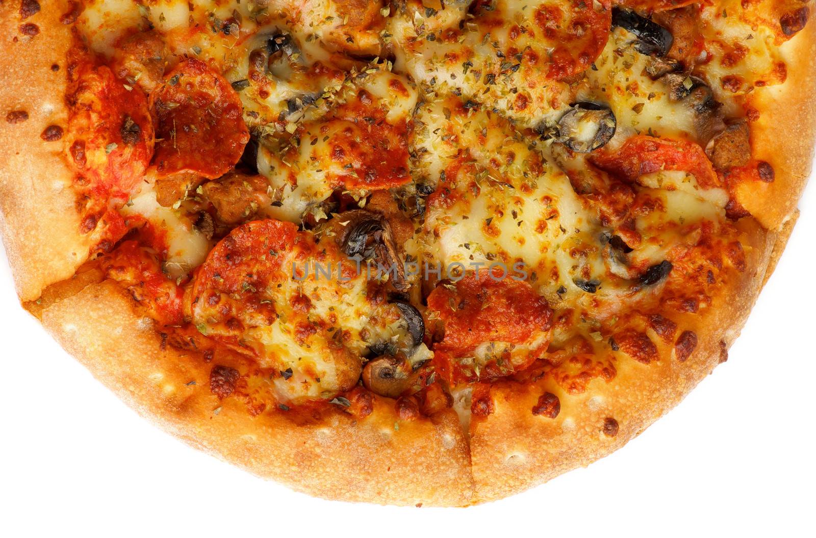 Frame of Freshly Baked Pepperoni Pizza with Black Olives and Spices closeup on White background. Top View