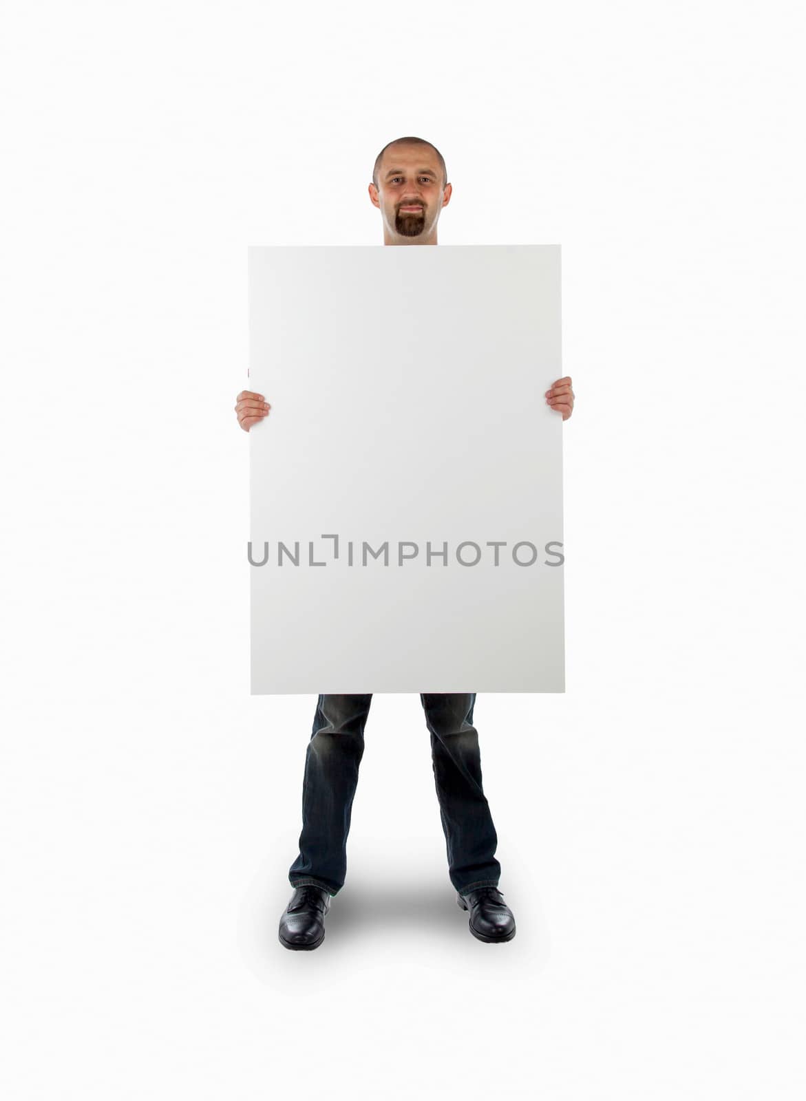 Businessman with empty board in his hands isolated on white background