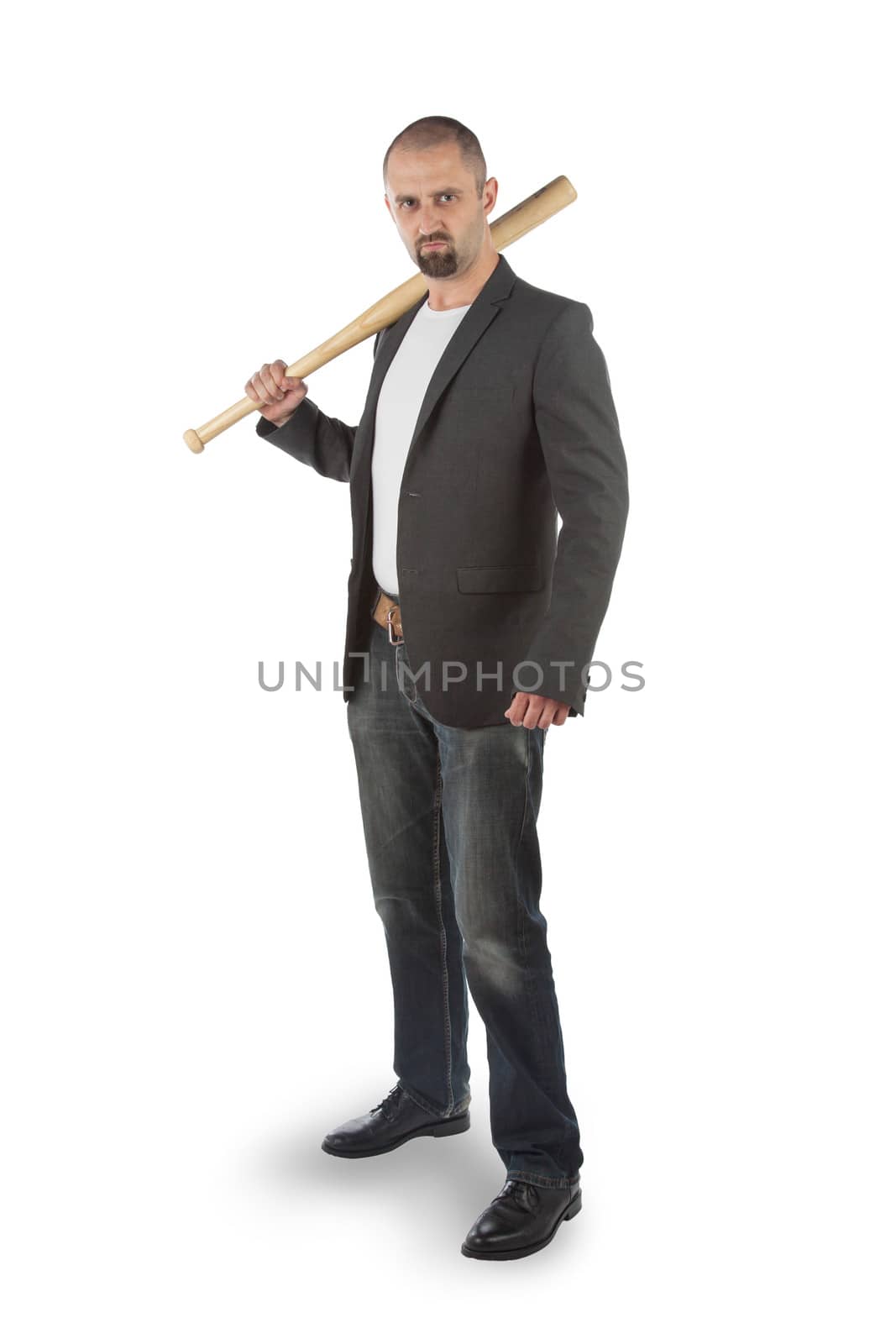 Angry man with baseball bat isolated on white