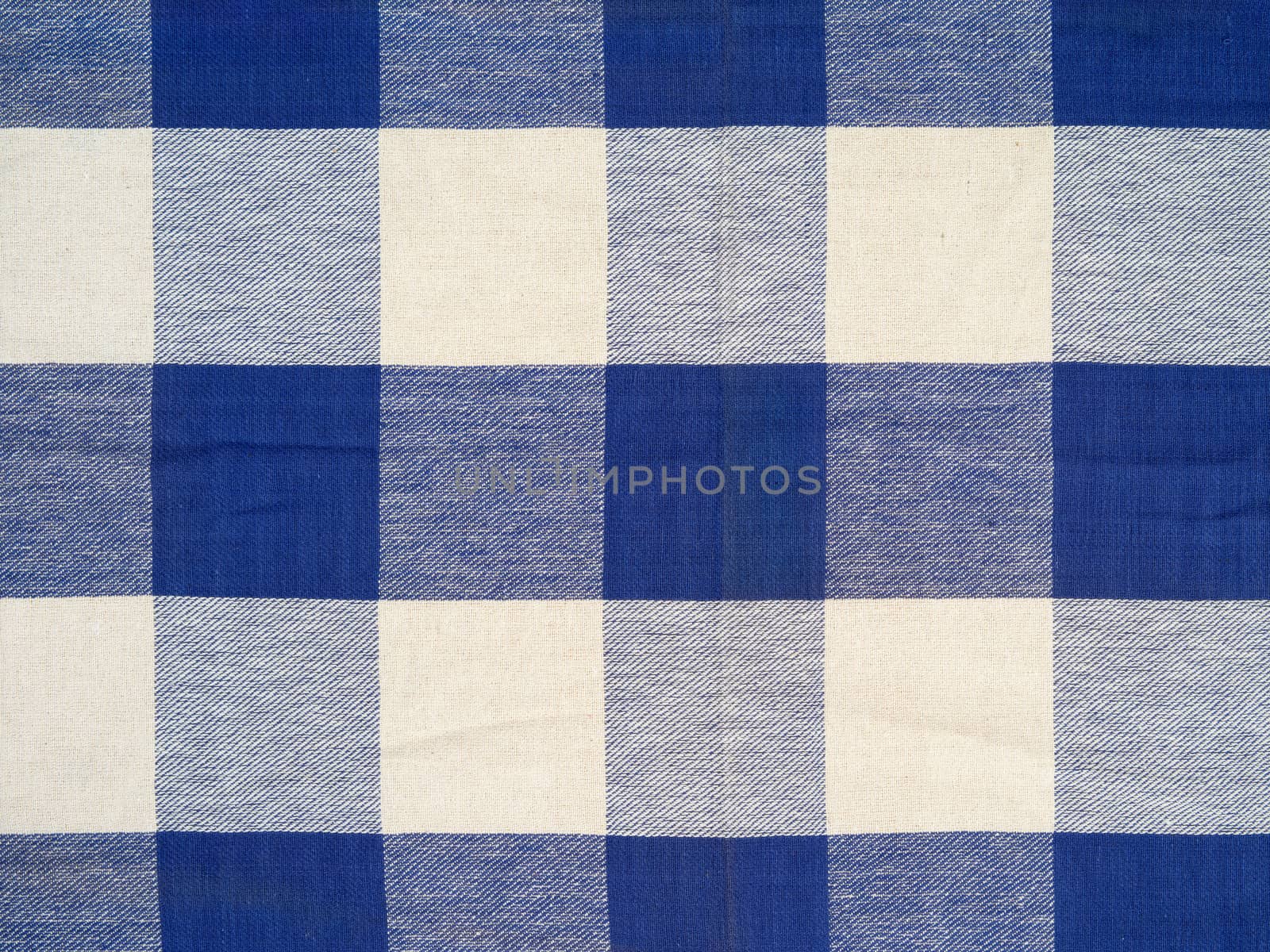 Photo of a blue checkered tablecloth.
