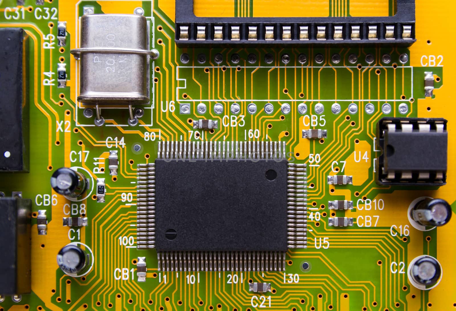 Close-up aerial view of a circuit board