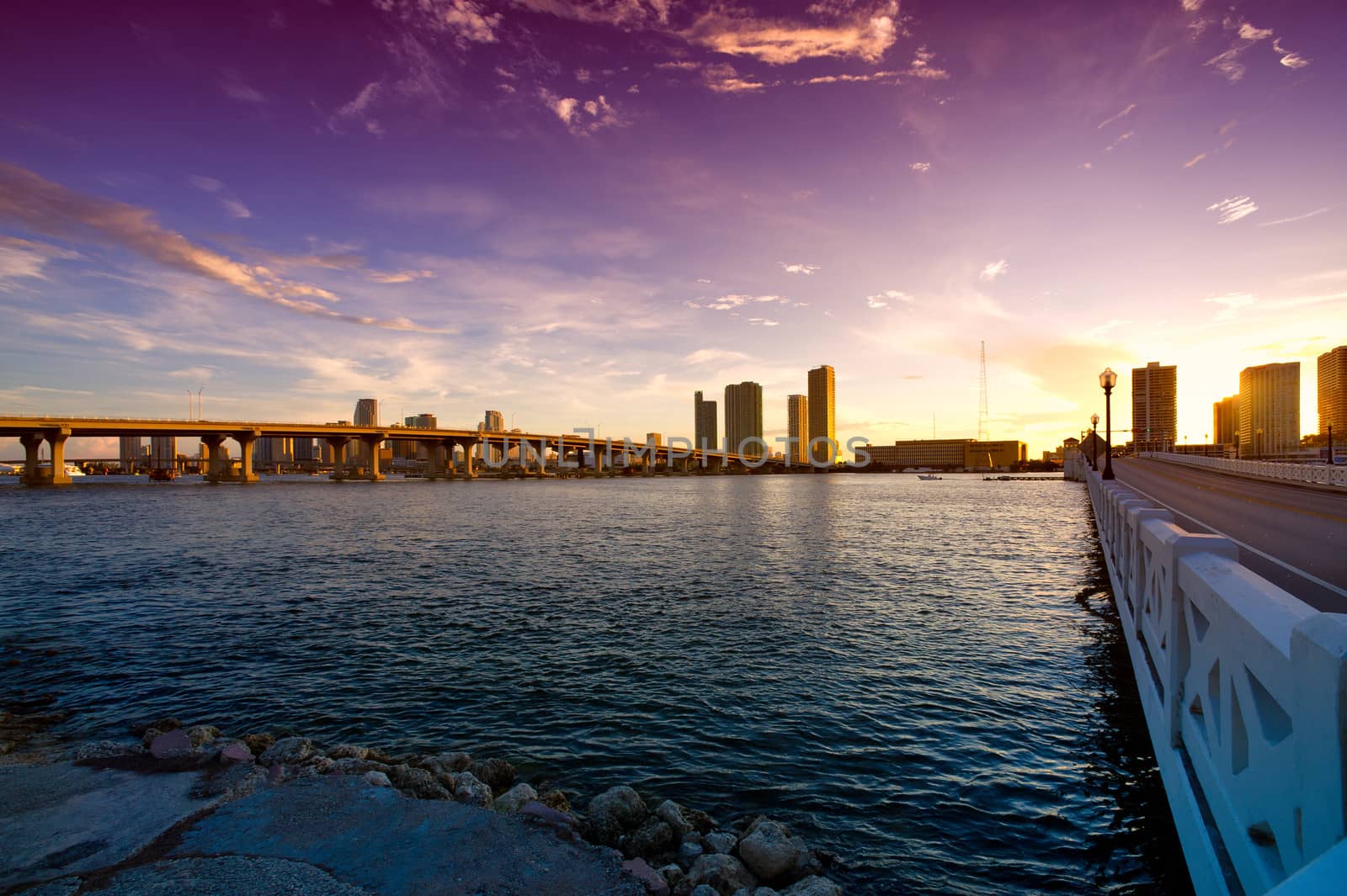 Bridge with skyscrapers in the background, Venetian Causeway, Venetian Islands, Biscayne Bay, Miami, Florida, USA