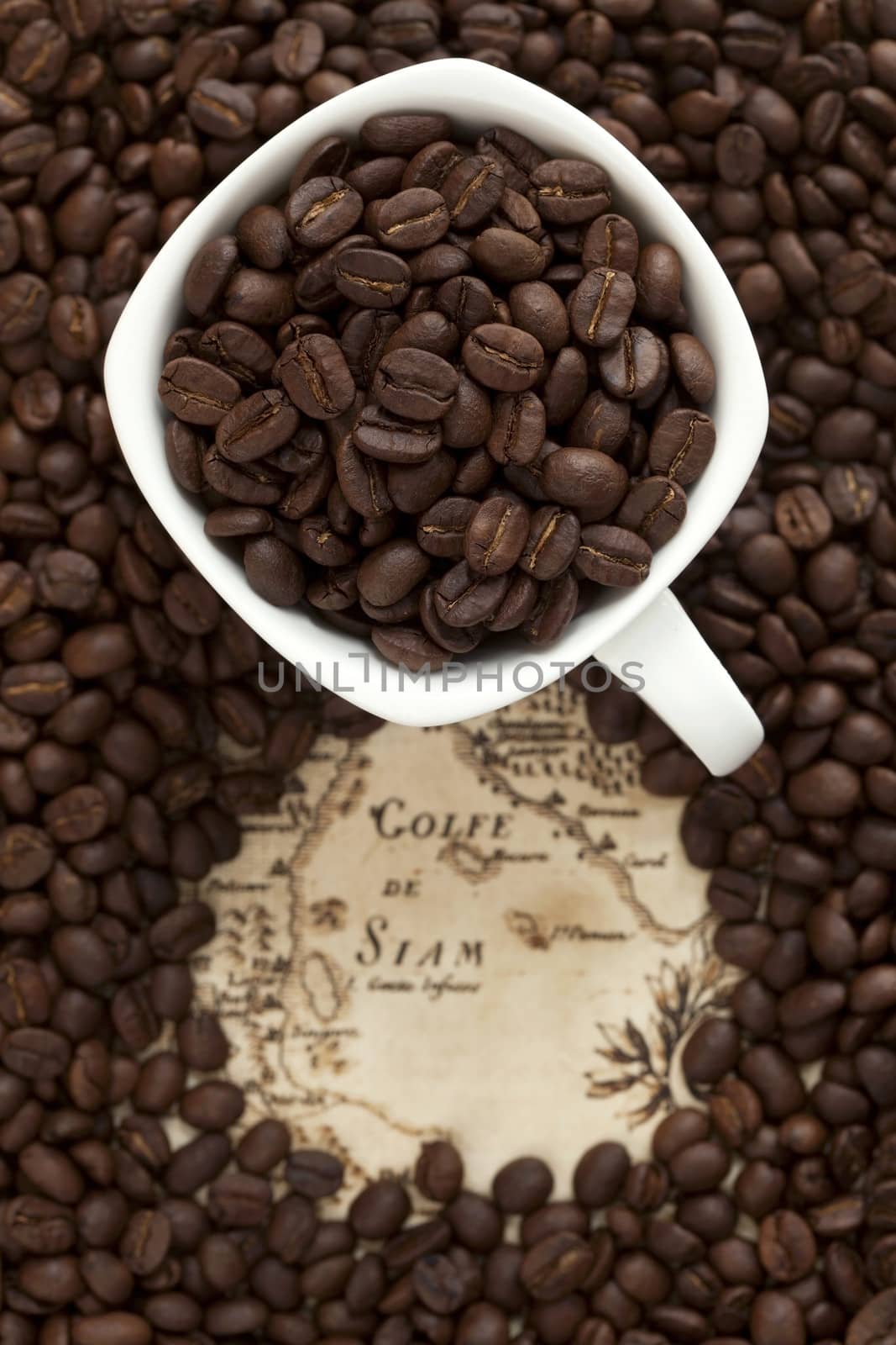 Cup full of coffee beans on the old map