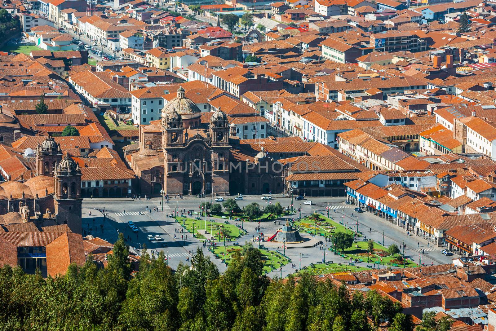 aerial view of the Plaza de Armas of Cuzco city in the peruvian Andes Peru