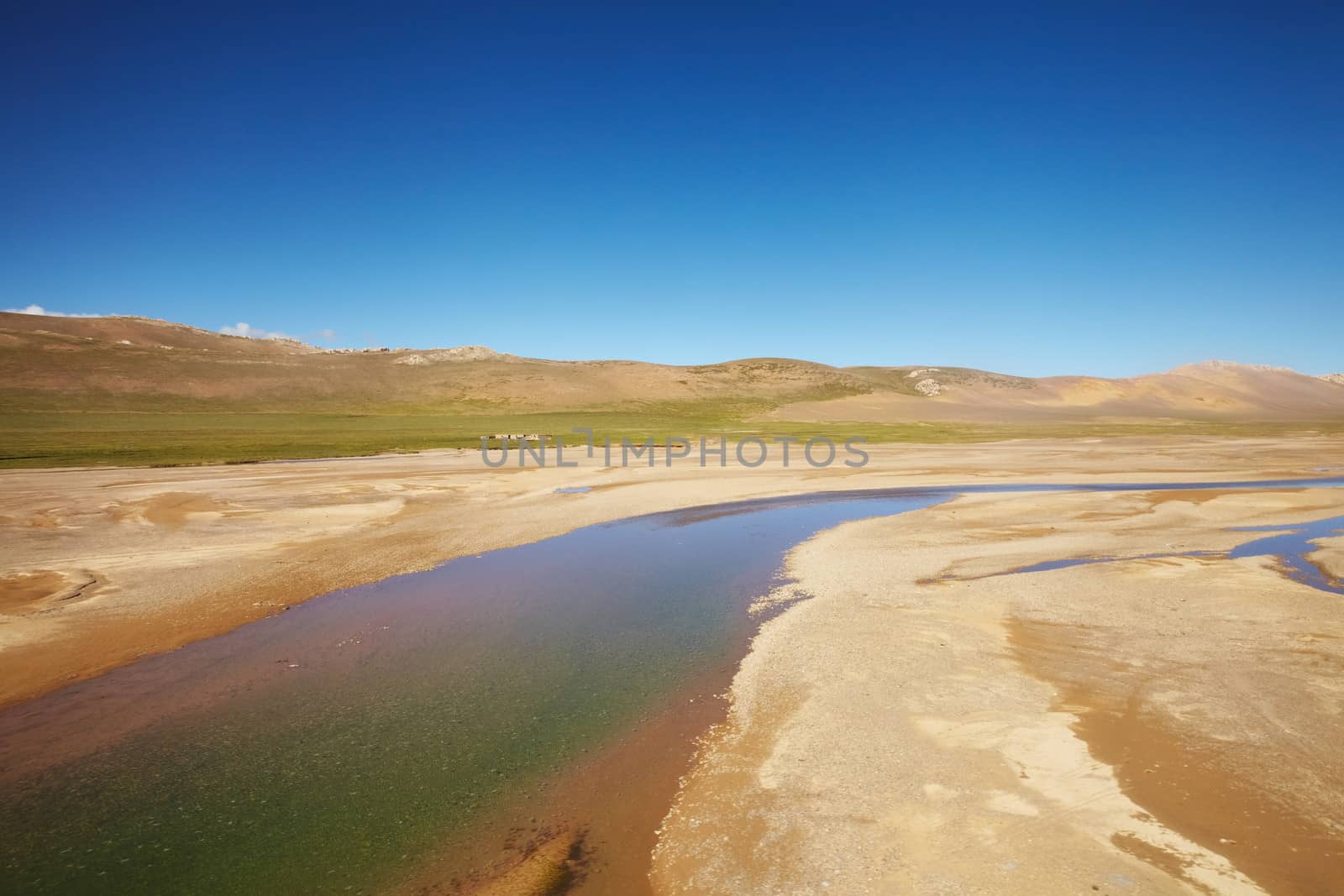 Plains with mountain landscape in the background at Tibetan Plateau