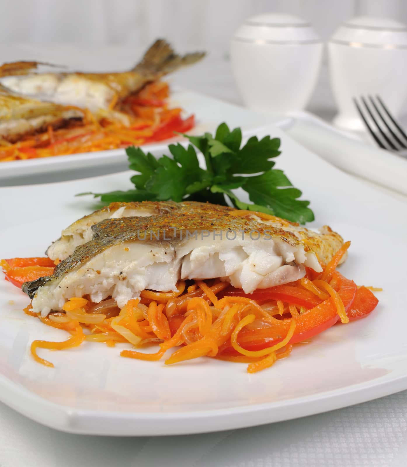 Slices of grilled fish (Dorado) on vegetable cushion

