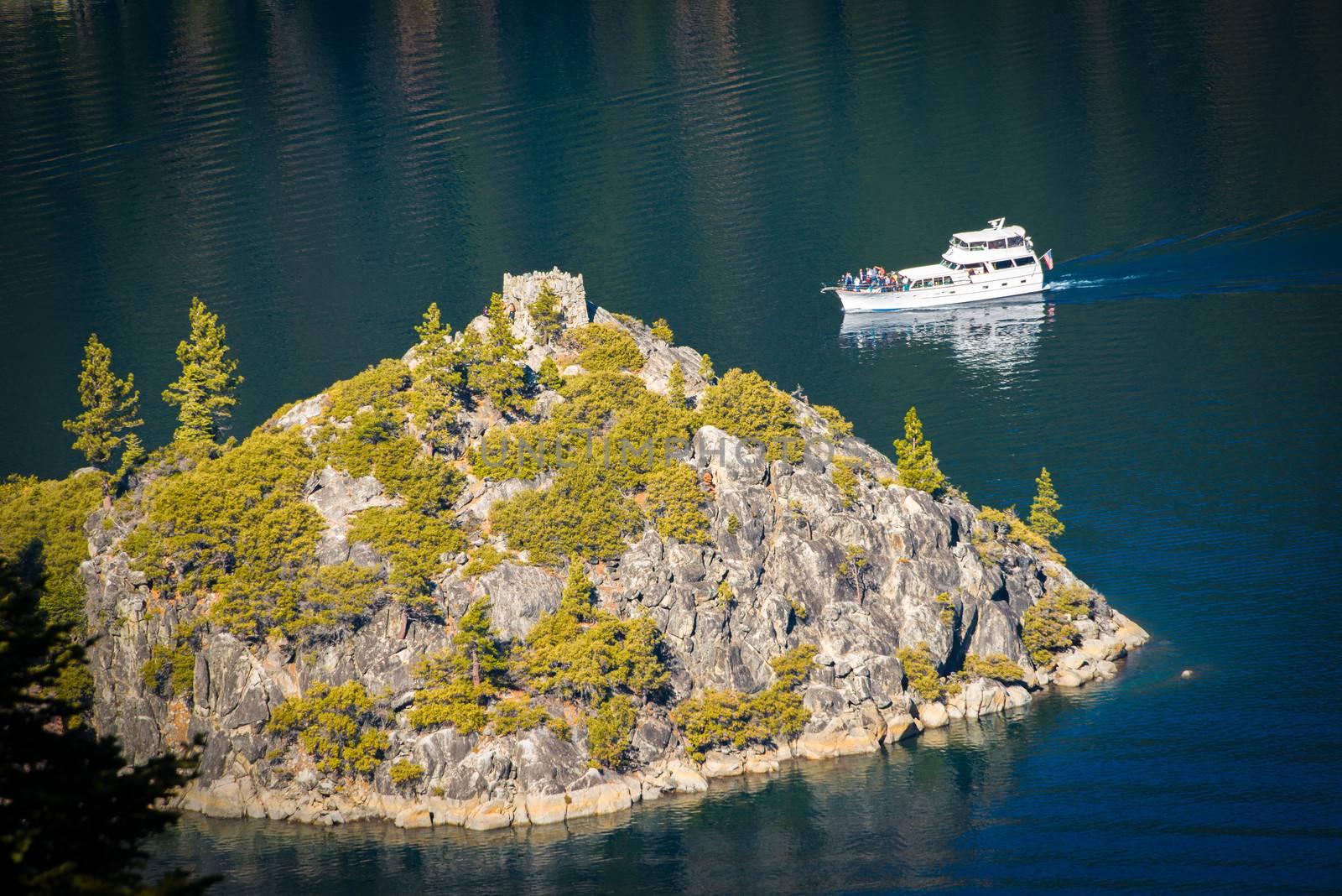 Trees on an island in a lake, Emerald Bay, Lake Tahoe, California, USA