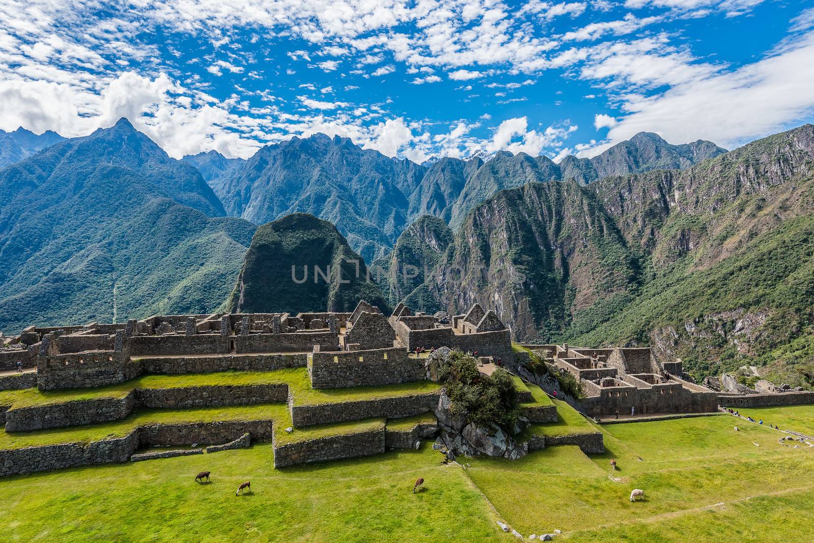 Industrial zone and Main Square Machu Picchu, Incas ruins in the peruvian Andes at Cuzco Peru