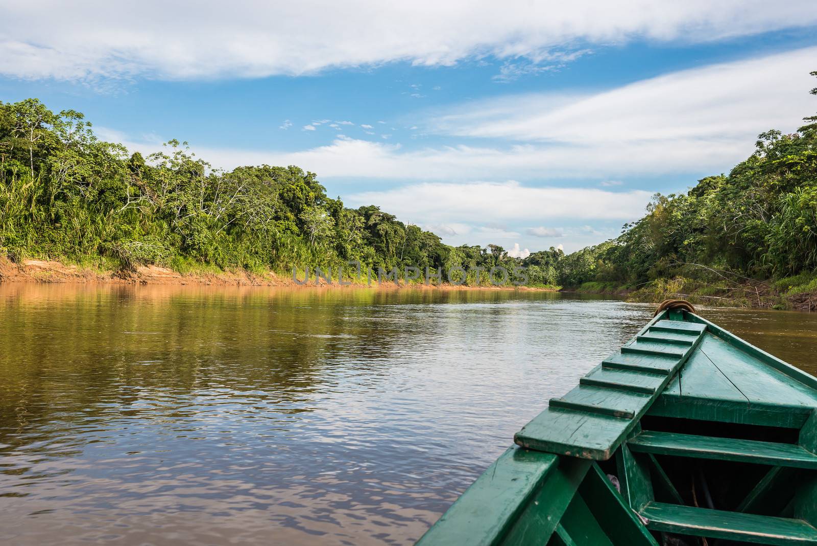 boat in the river in the peruvian Amazon jungle at Madre de Dios by PIXSTILL