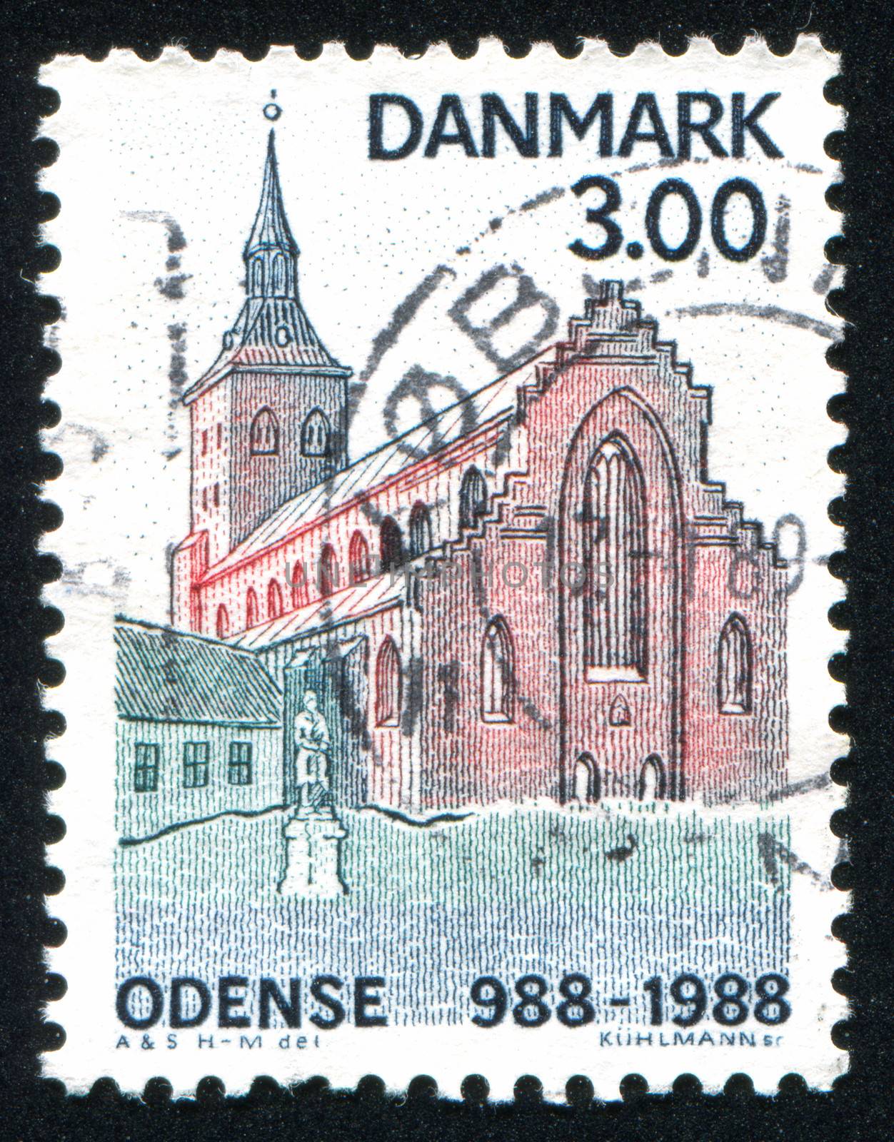 DENMARK - CIRCA 1988: stamp printed by Denmark, shows St. Cnut���s Church and statue of Hans Christian Andersen, Odense, circa 1988