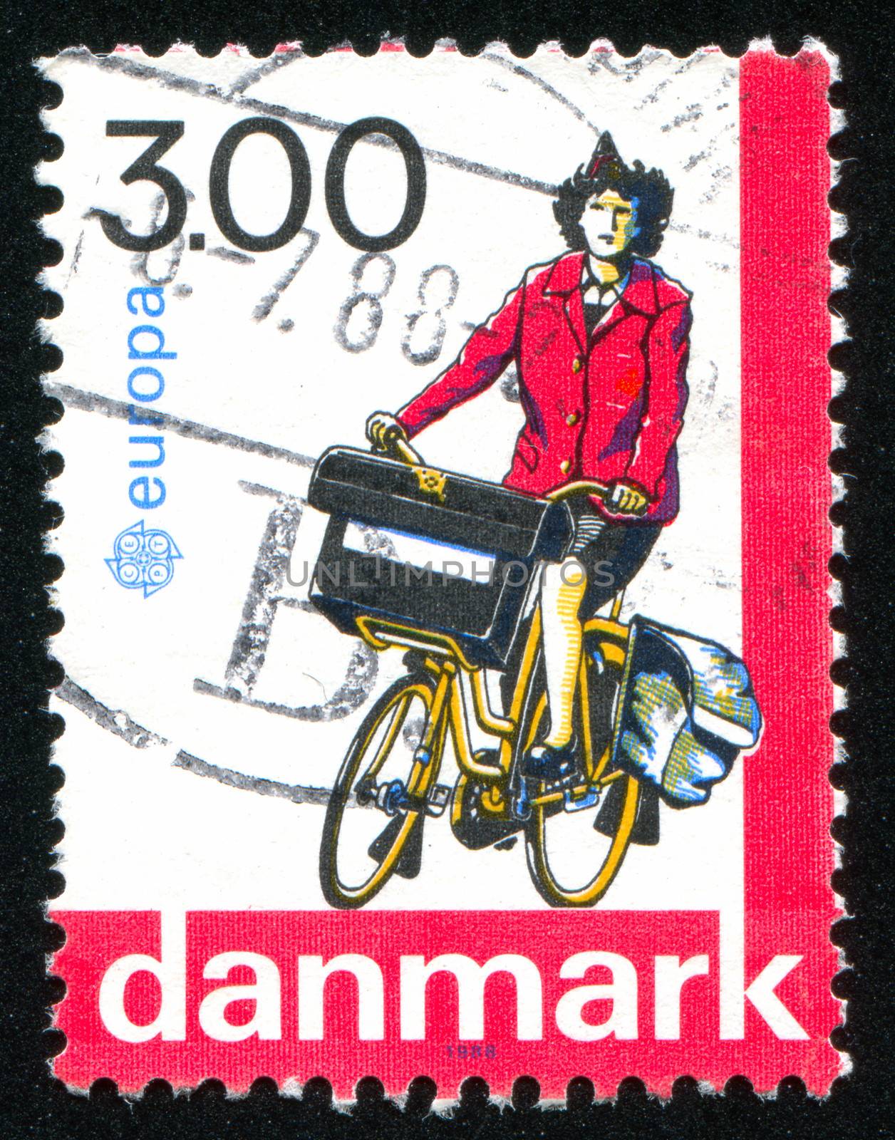 DENMARK - CIRCA 1988: stamp printed by Denmark, shows Postwoman on bicycle, circa 1988