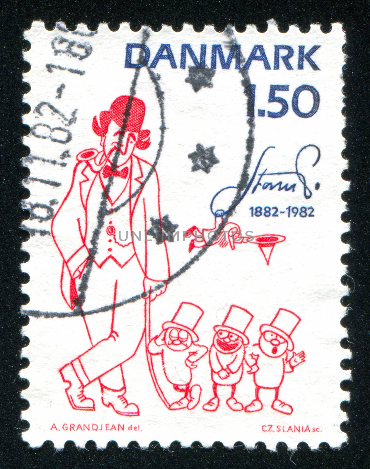 DENMARK - CIRCA 1982: stamp printed by Denmark, shows Three little men and the number man by Robert Storm Petersen, circa 1982