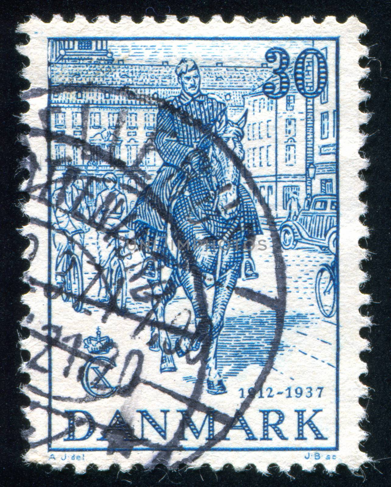 DENMARK - CIRCA 1937: stamp printed by Denmark, shows Christian X in Streets of Copenhagen, circa 1937