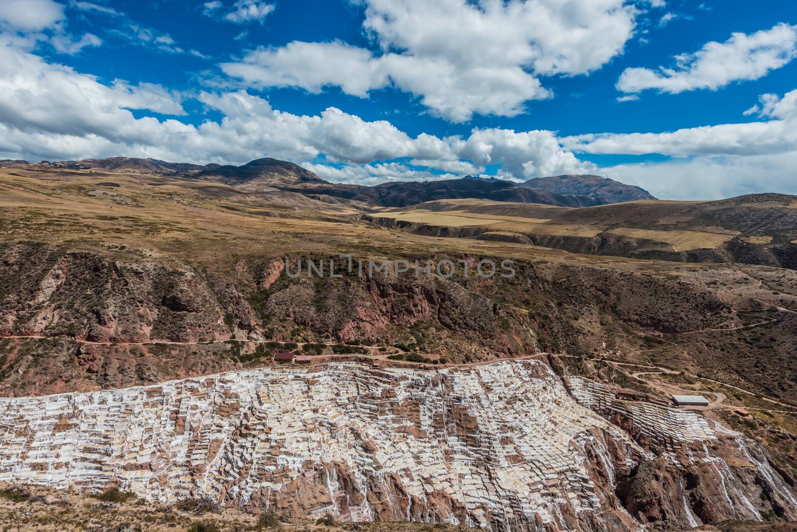 Maras salt mines in the peruvian Andes at Cuzco Peru