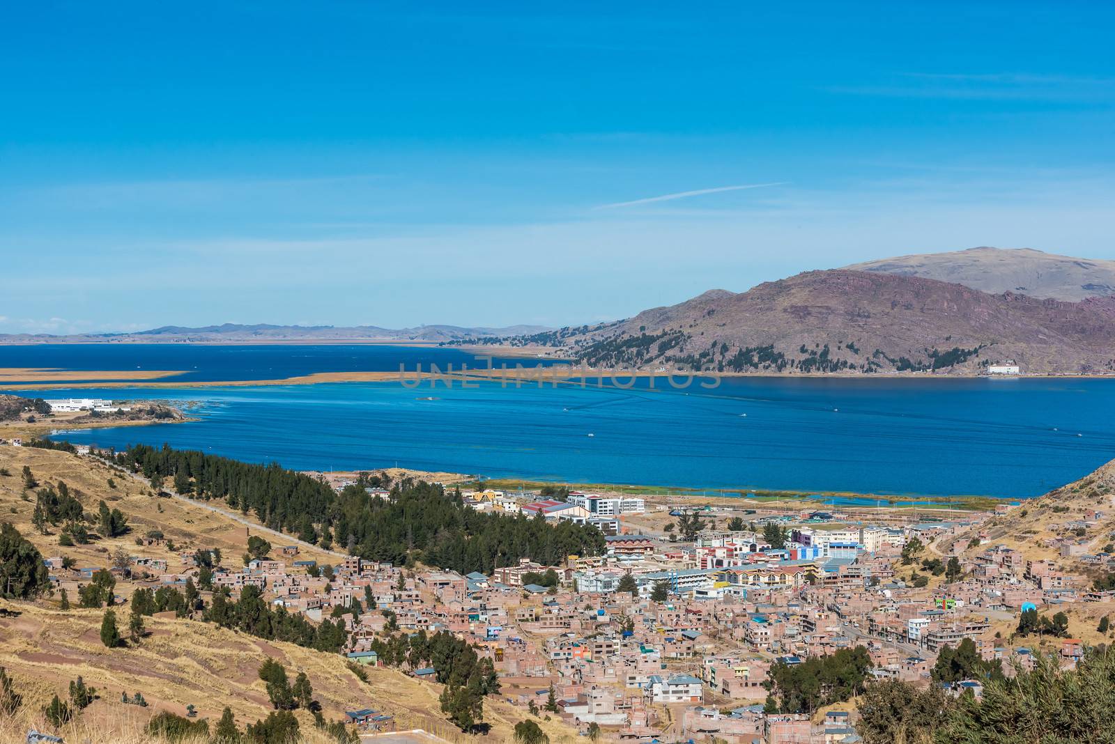 Aerial view of Titicaca Lake in the peruvian Andes at Puno Peru