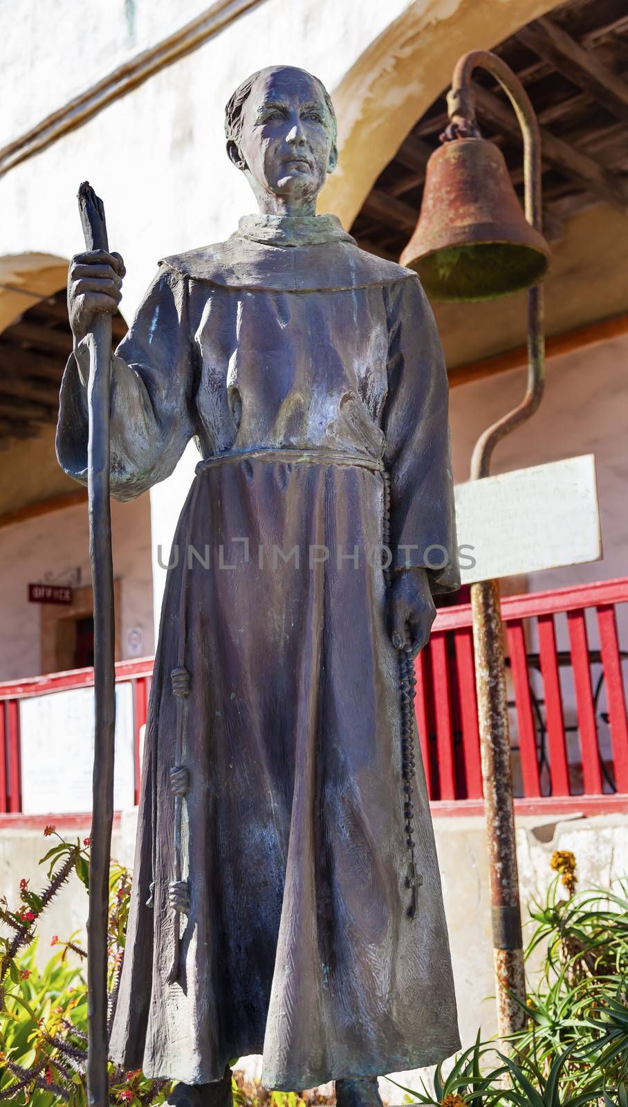 Father Joseph Serra Stattue Mission Santa Barbara California.  Mission founded in 1786. Serra founded almost all the missions in California.