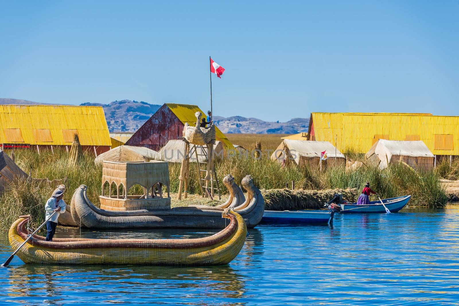 Puno, Peru - July 26, 2013: Uros floating islands in the peruvian Andes at Puno Peru on july 26th, 2013