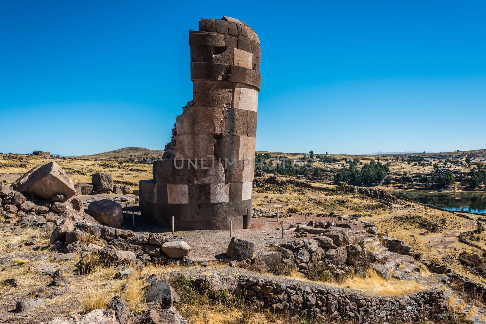 Silustani tombs in the peruvian Andes at Puno Peru