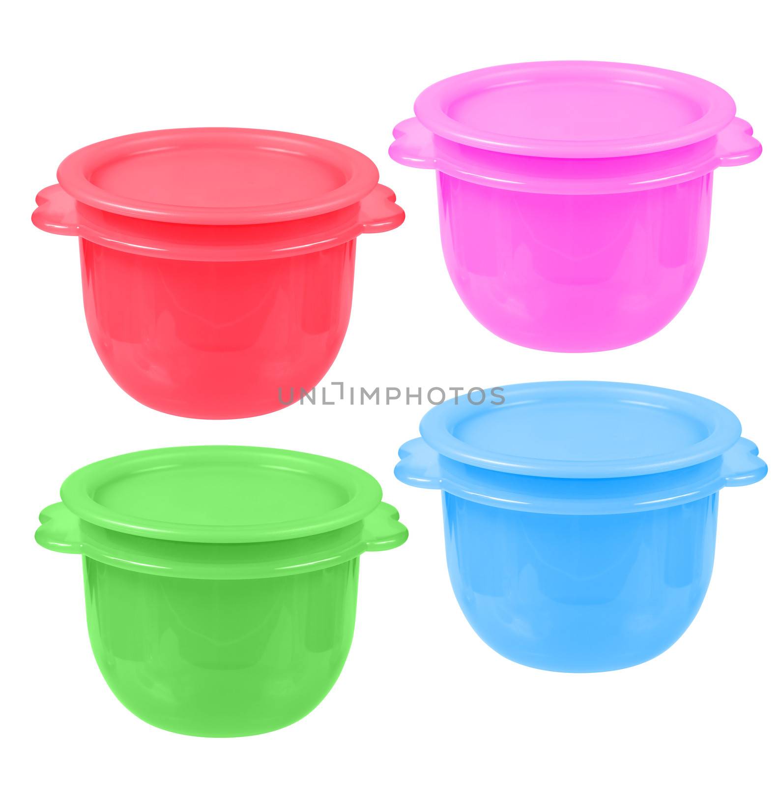 Plastic containers for food isolated on white. collage of four different colored objects