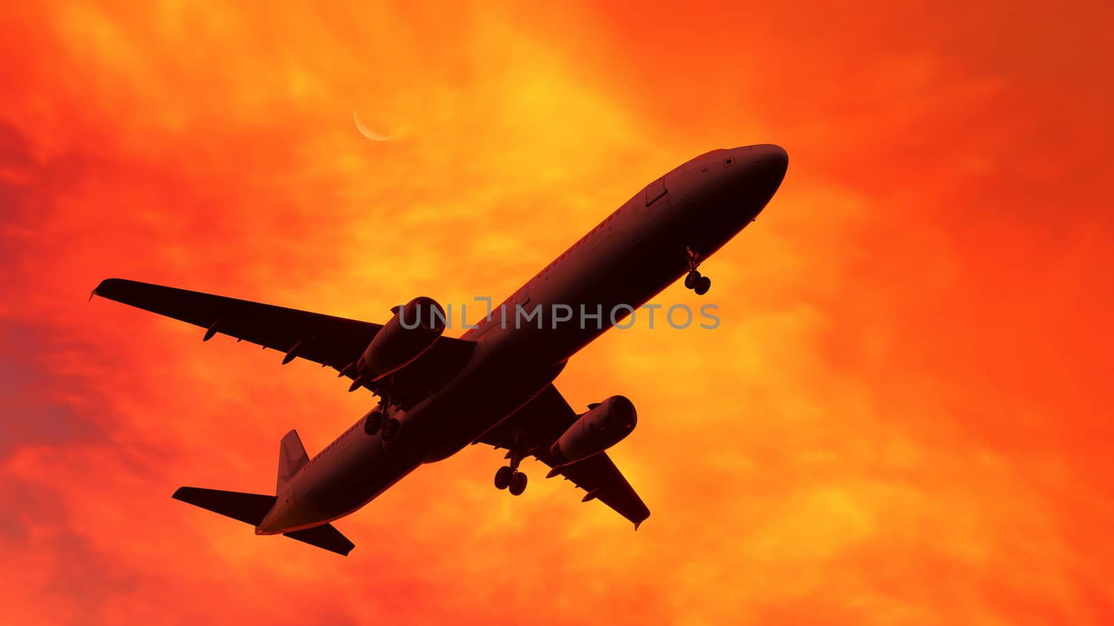 Passenger plane taking off at the sunset