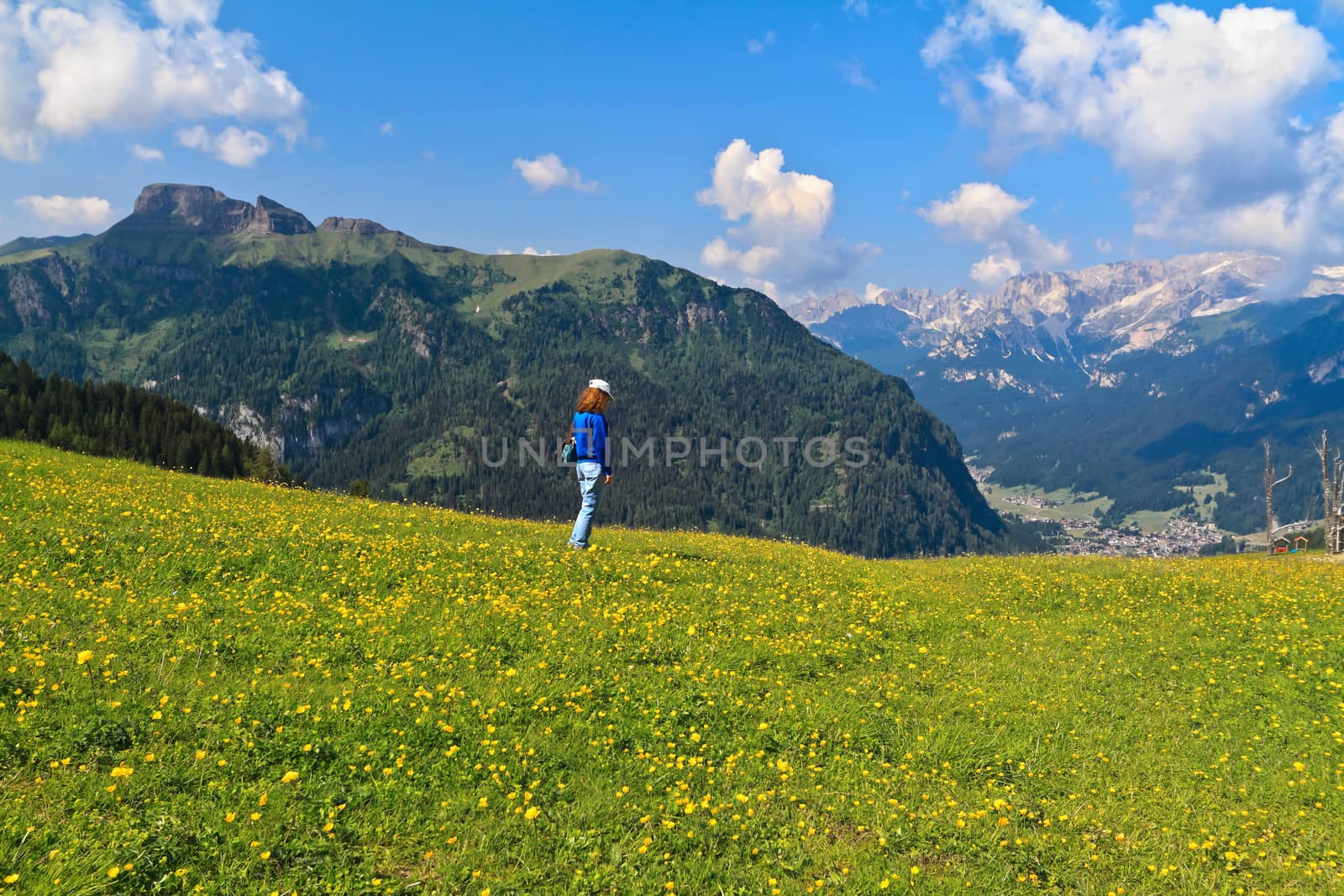 hiker on flowered meadow in Val di Fassa, Trentino, Italy - MR attached