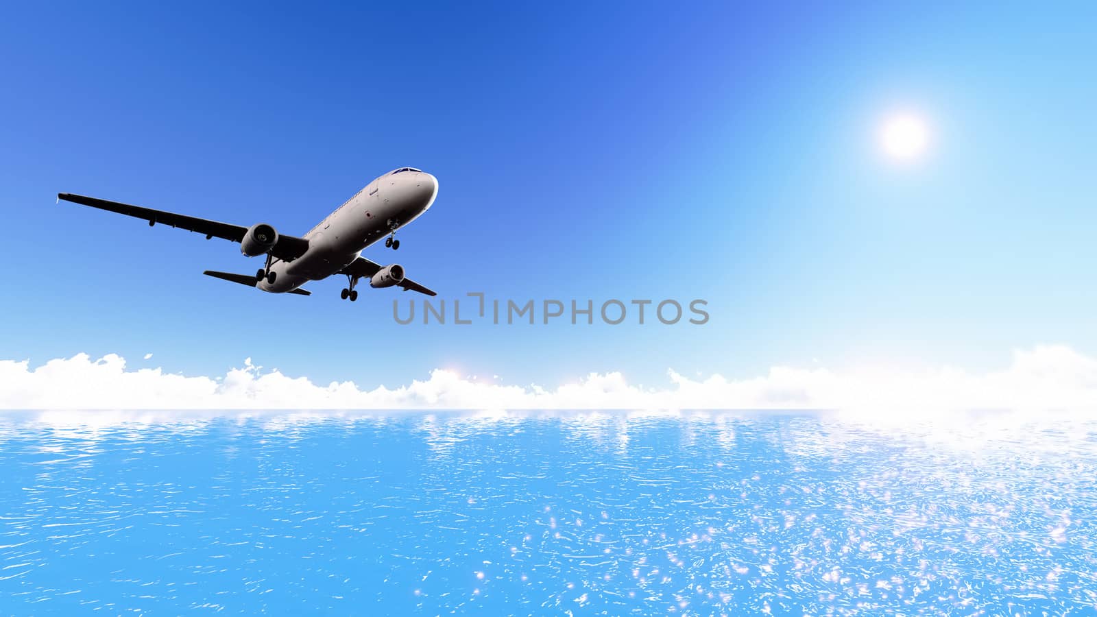 White passenger plane flying over the sea on a sunny day