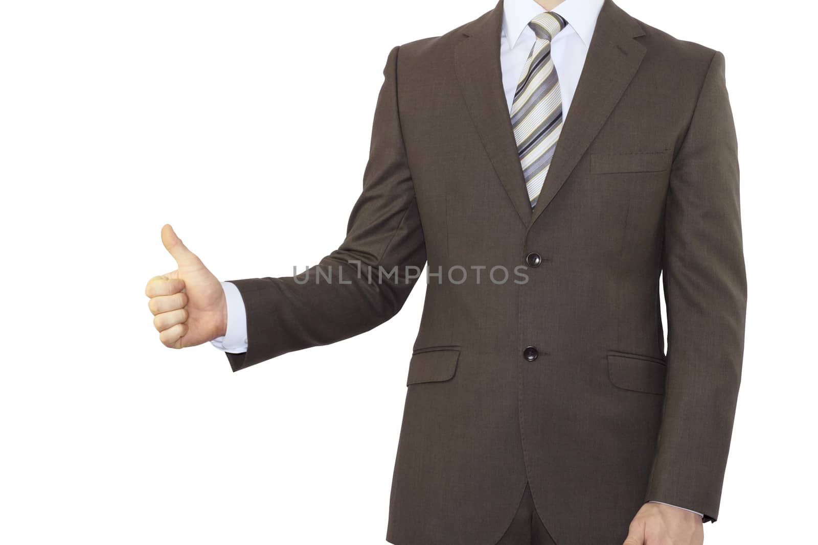 Businessman in a suit holding his thumb up. Isolated on white background