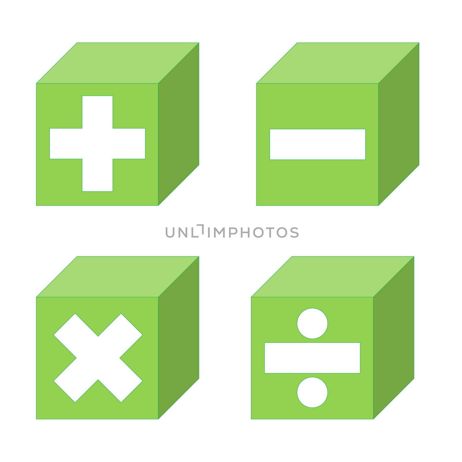 Math symbols of addition, subtraction, multiplication and division symbols into green cubes in white background