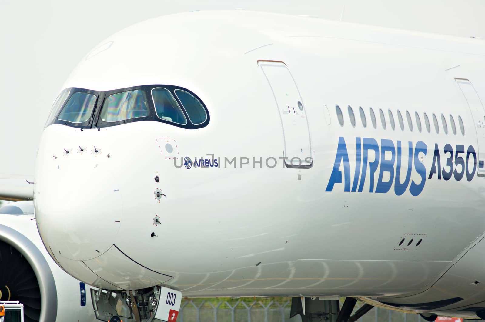 SINGAPORE - FEBRUARY 12: Airbus A350 XWB prototype 003 at Singapore Airshow, Changi Exhibition Centre in Singapore on February 12, 2014.