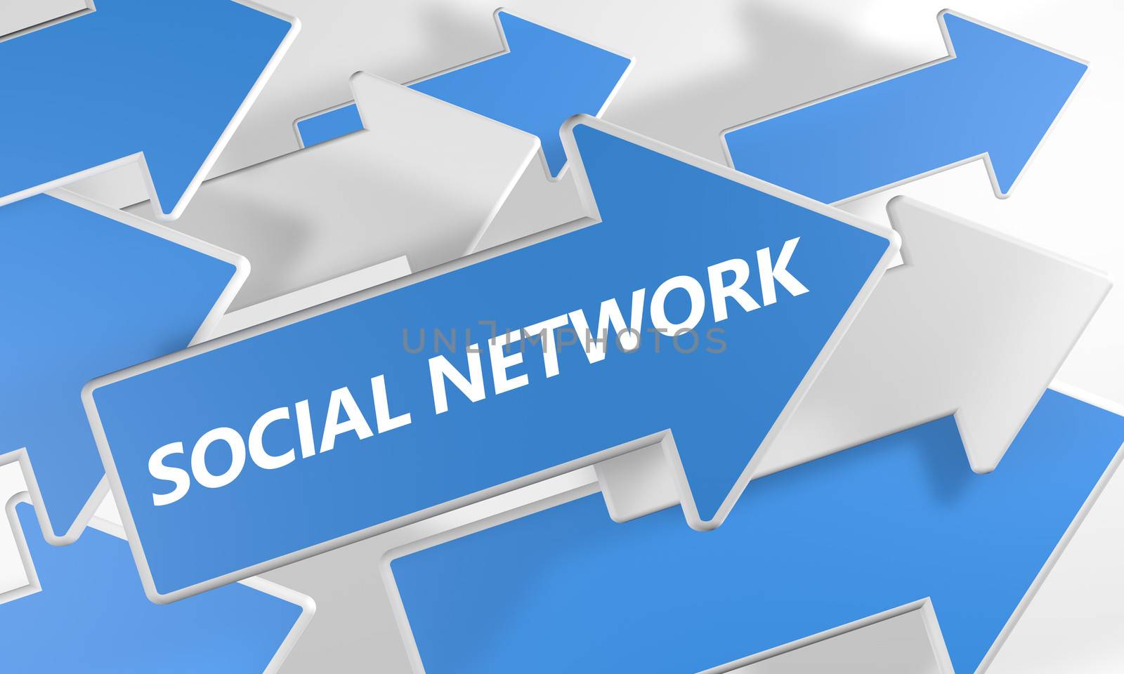 Social Network 3d render concept with blue and white arrows flying upwards over a white background.