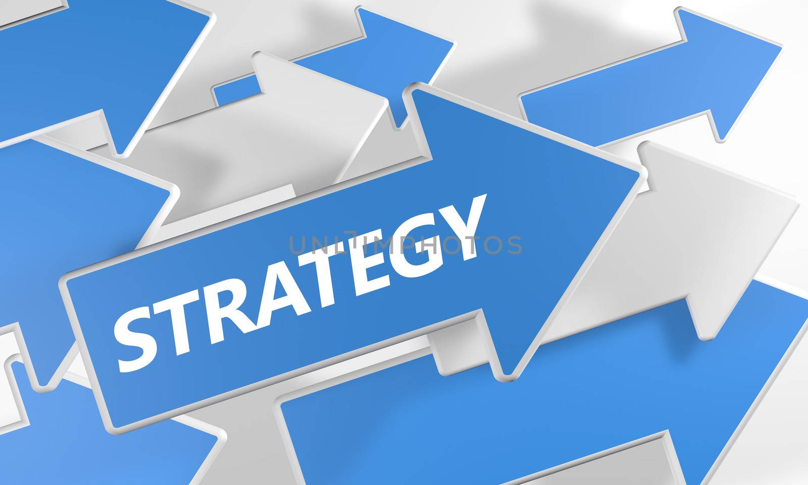 Strategy 3d render concept with blue and white arrows flying upwards over a white background.