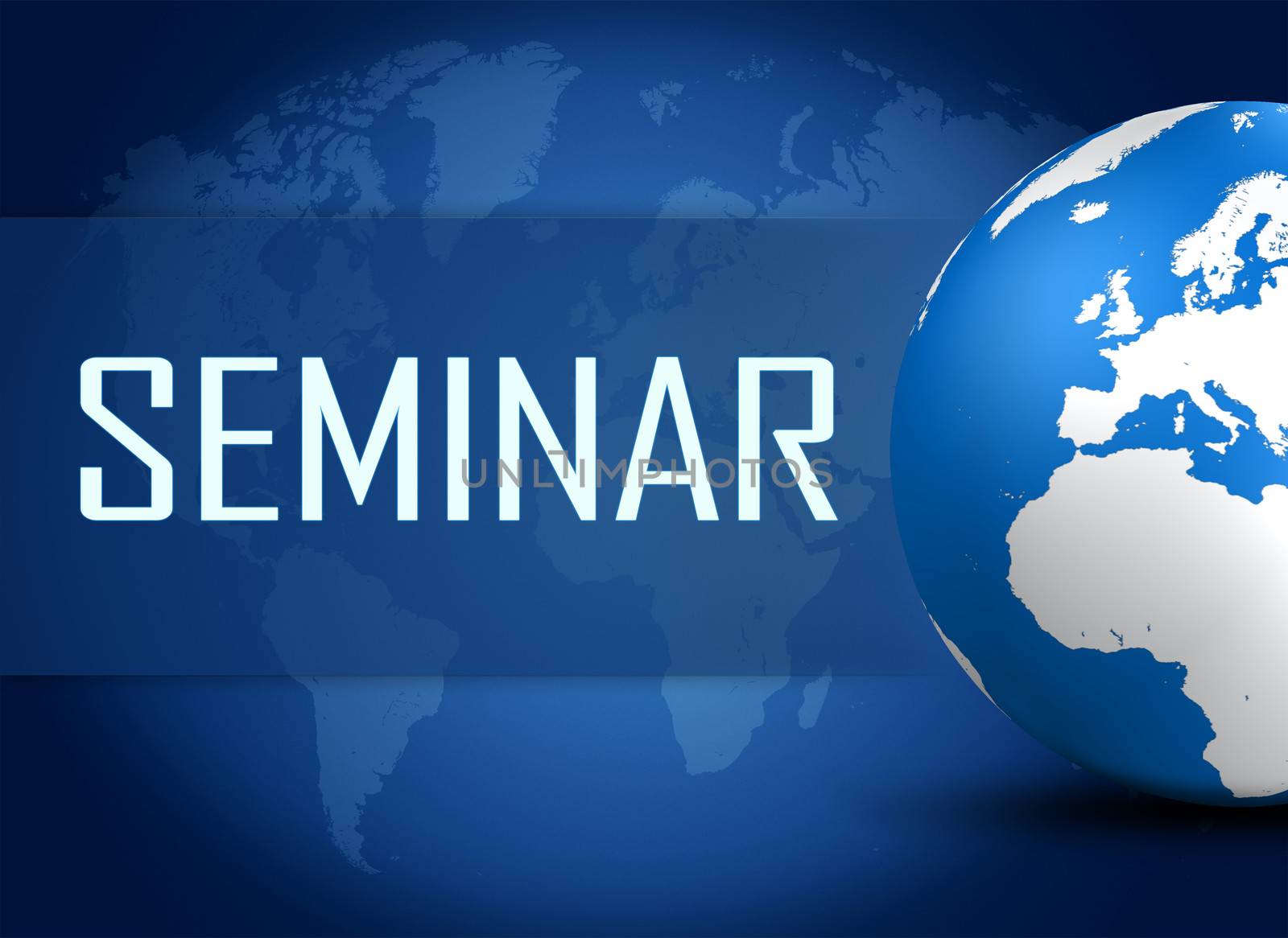 Seminar concept with world map on blue background