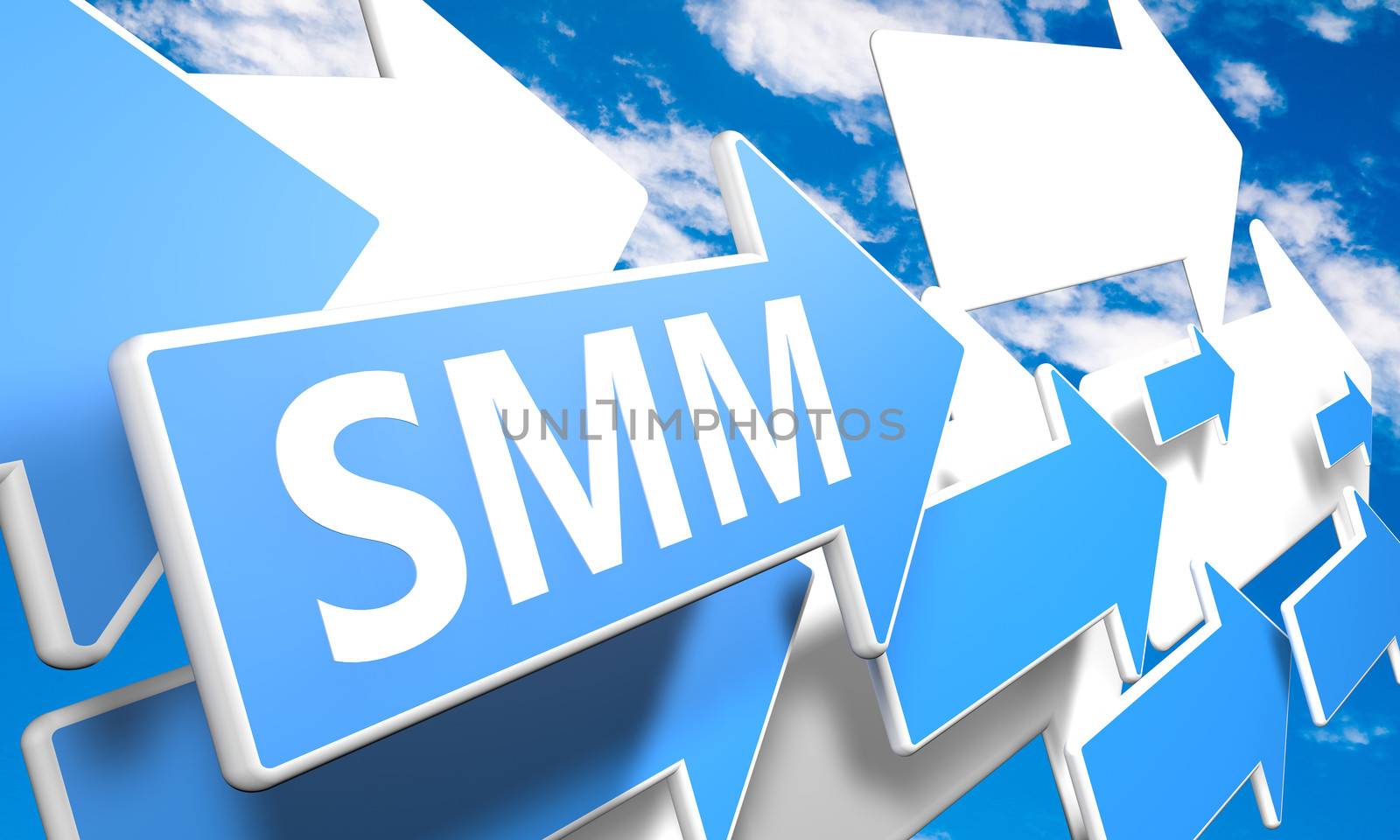 Social Media Marketing 3d render concept with blue and white arrows flying upwards in a blue sky with clouds