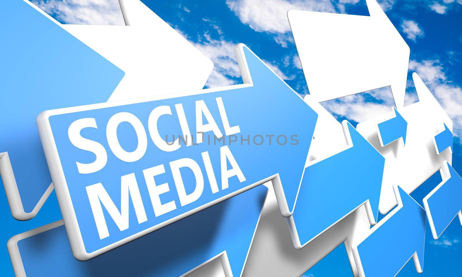 Social Media 3d render concept with blue and white arrows flying upwards in a blue sky with clouds
