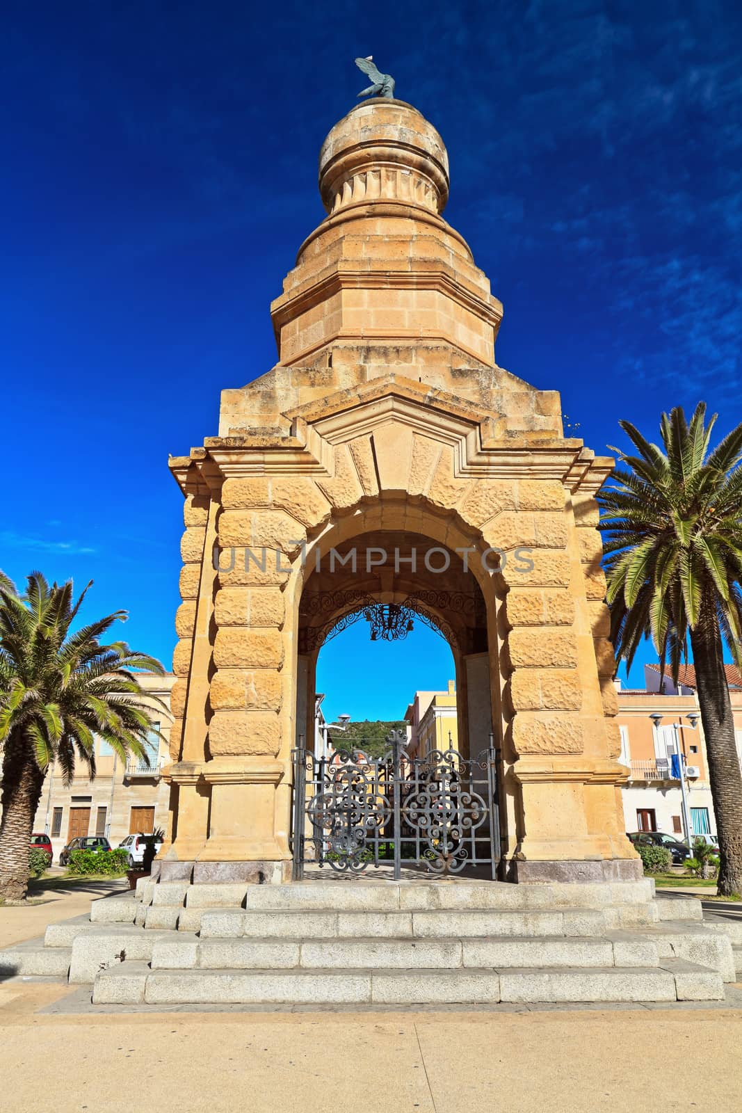 Pegli Square in Carloforte with war memorial, Sardinia, Italy