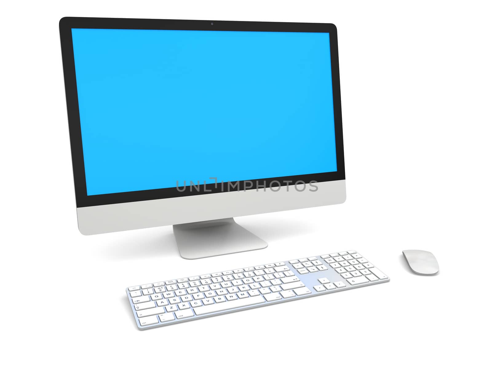 Modern desktop computer with white blank screen isolated on white background