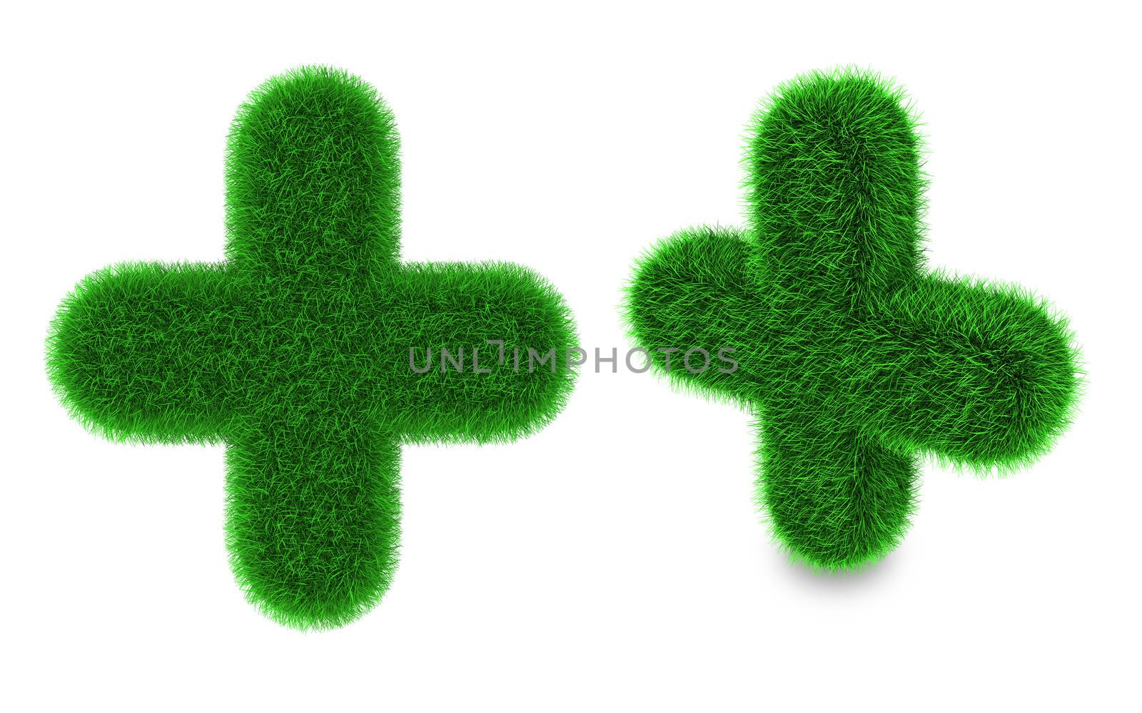 Plus sign covered by green grass isolated on white background