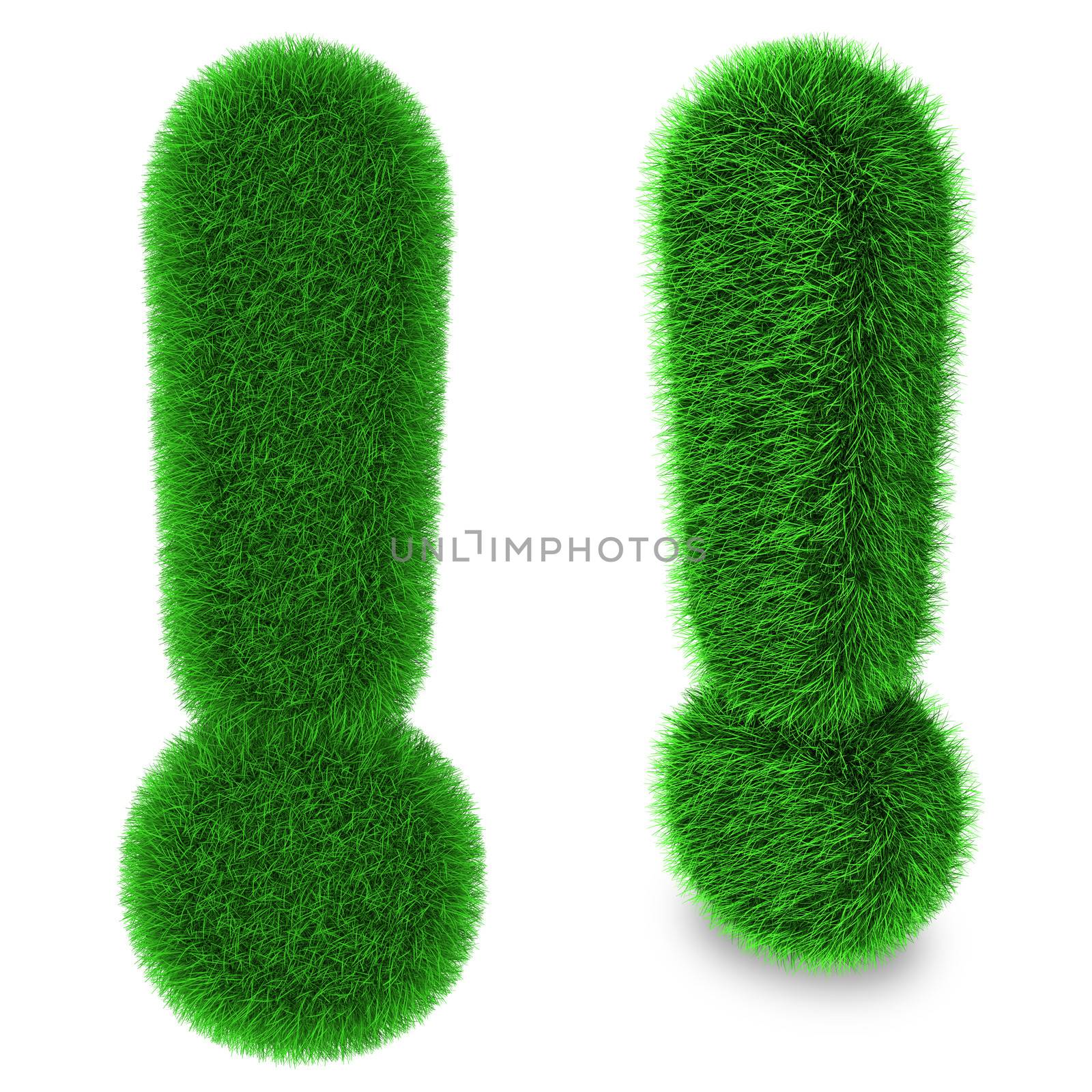 Exclamation mark covered by green grass isolated on white background