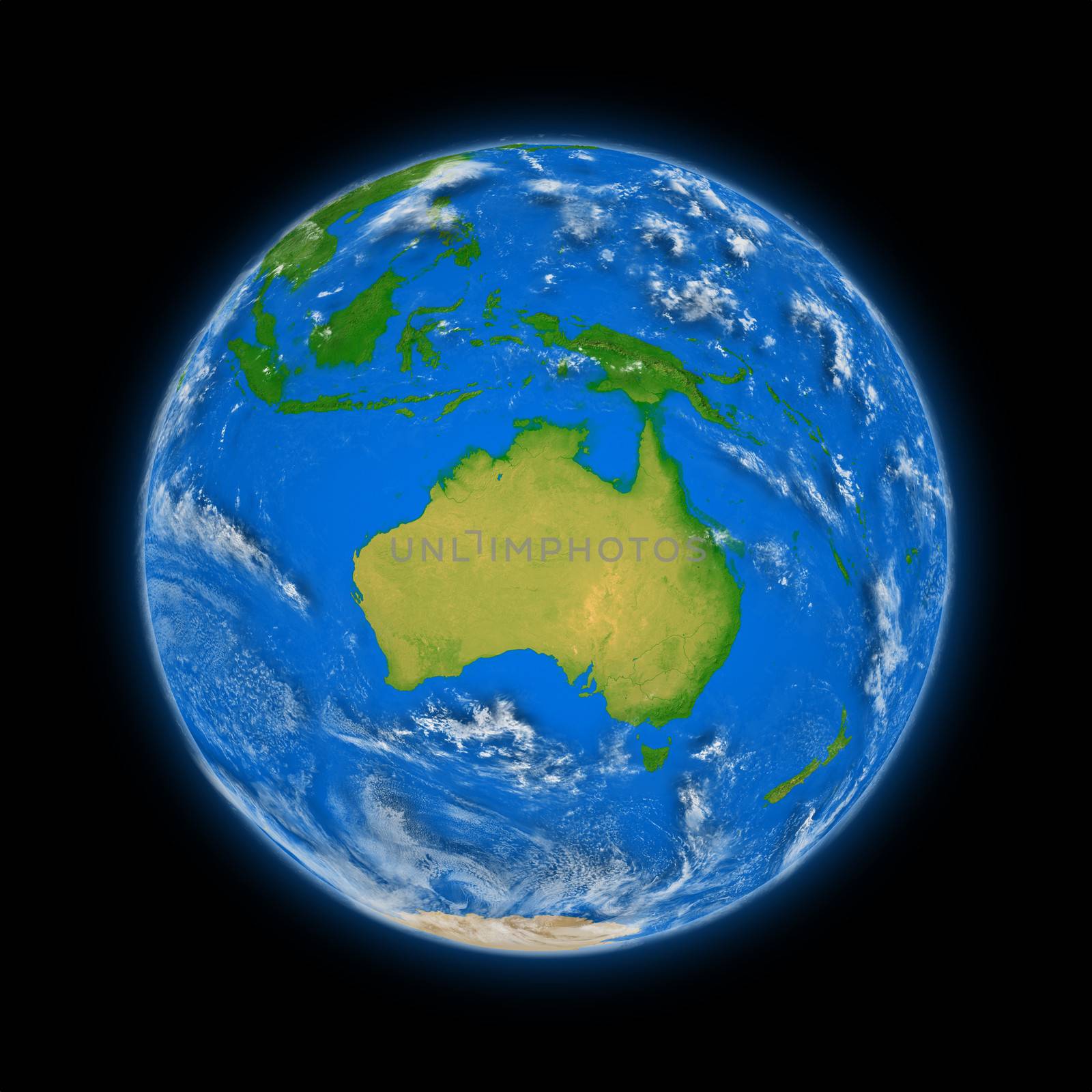 Australia on blue planet Earth isolated on black background. Highly detailed planet surface. Elements of this image furnished by NASA.