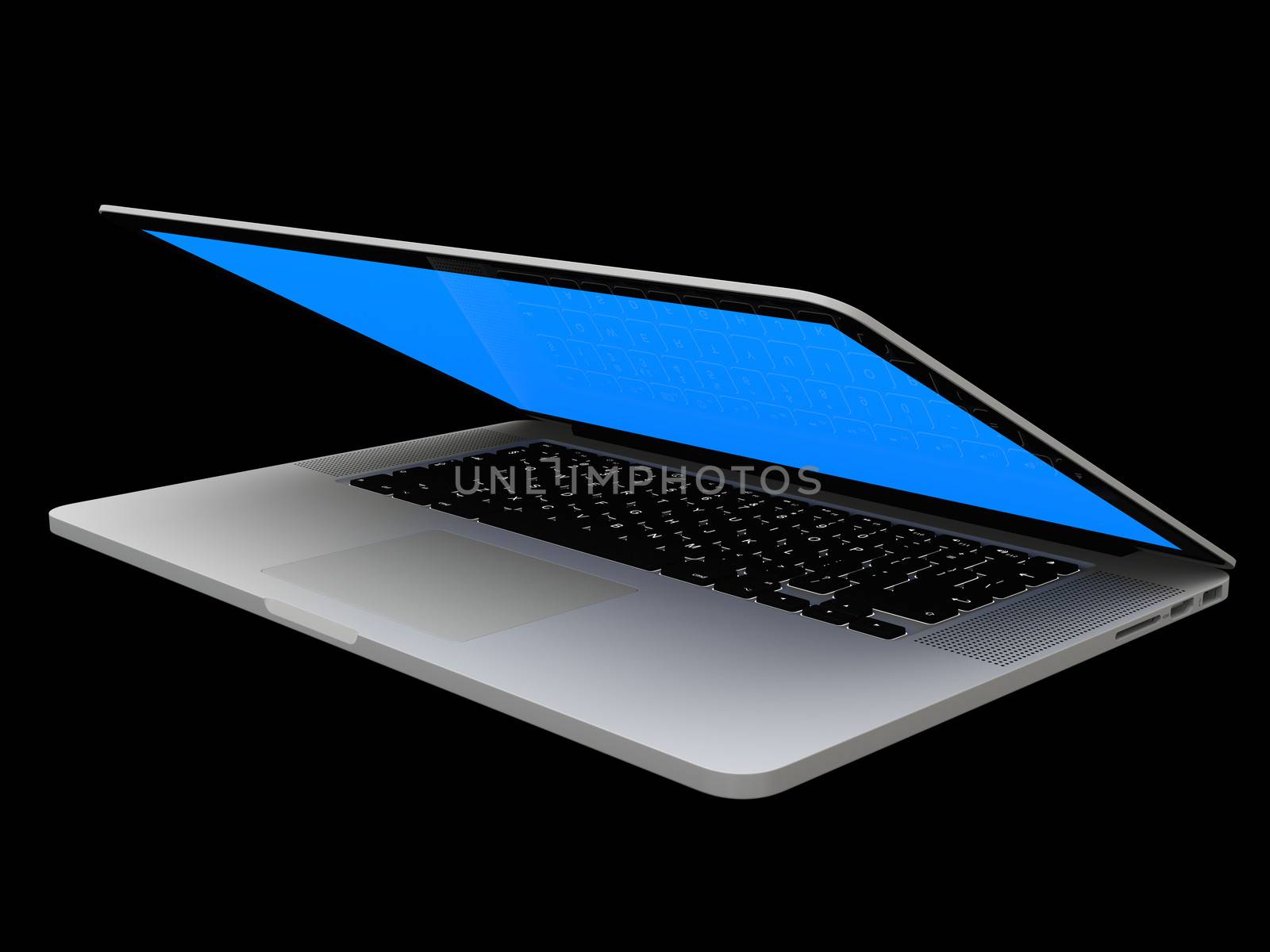 Laptop computer blank white screen isolated on black background