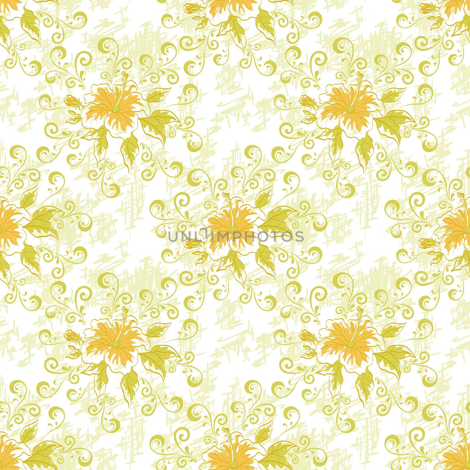 Seamless floral background, hibiscus flowers and leaves and abstract pattern.