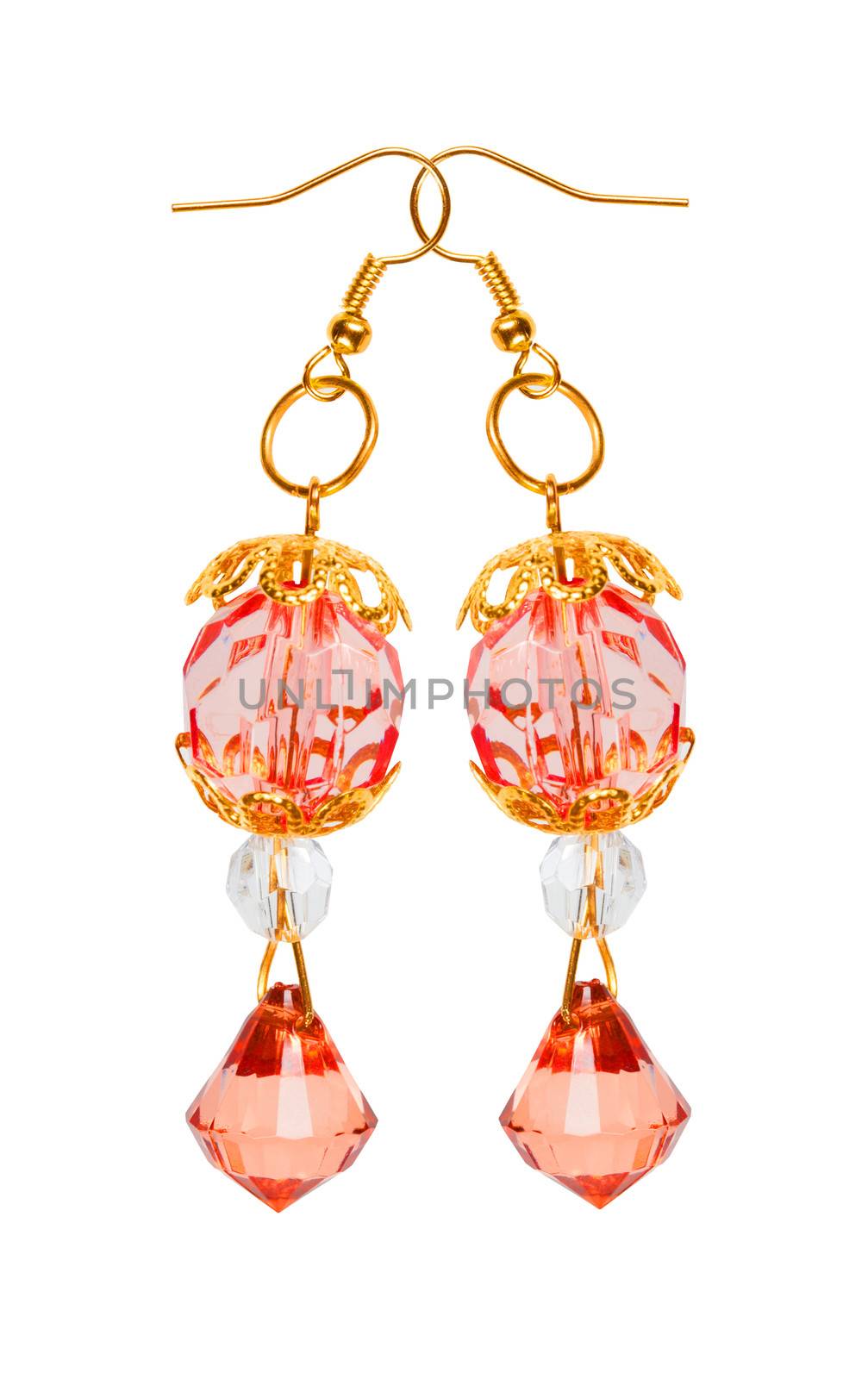 Earrings in red faceted glass with gold elements isolated on a white background. Collage. 
