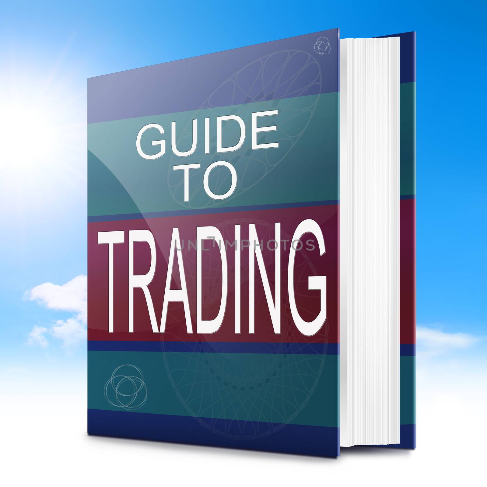 Illustration depicting a text book with a trading concept title. Sky background.