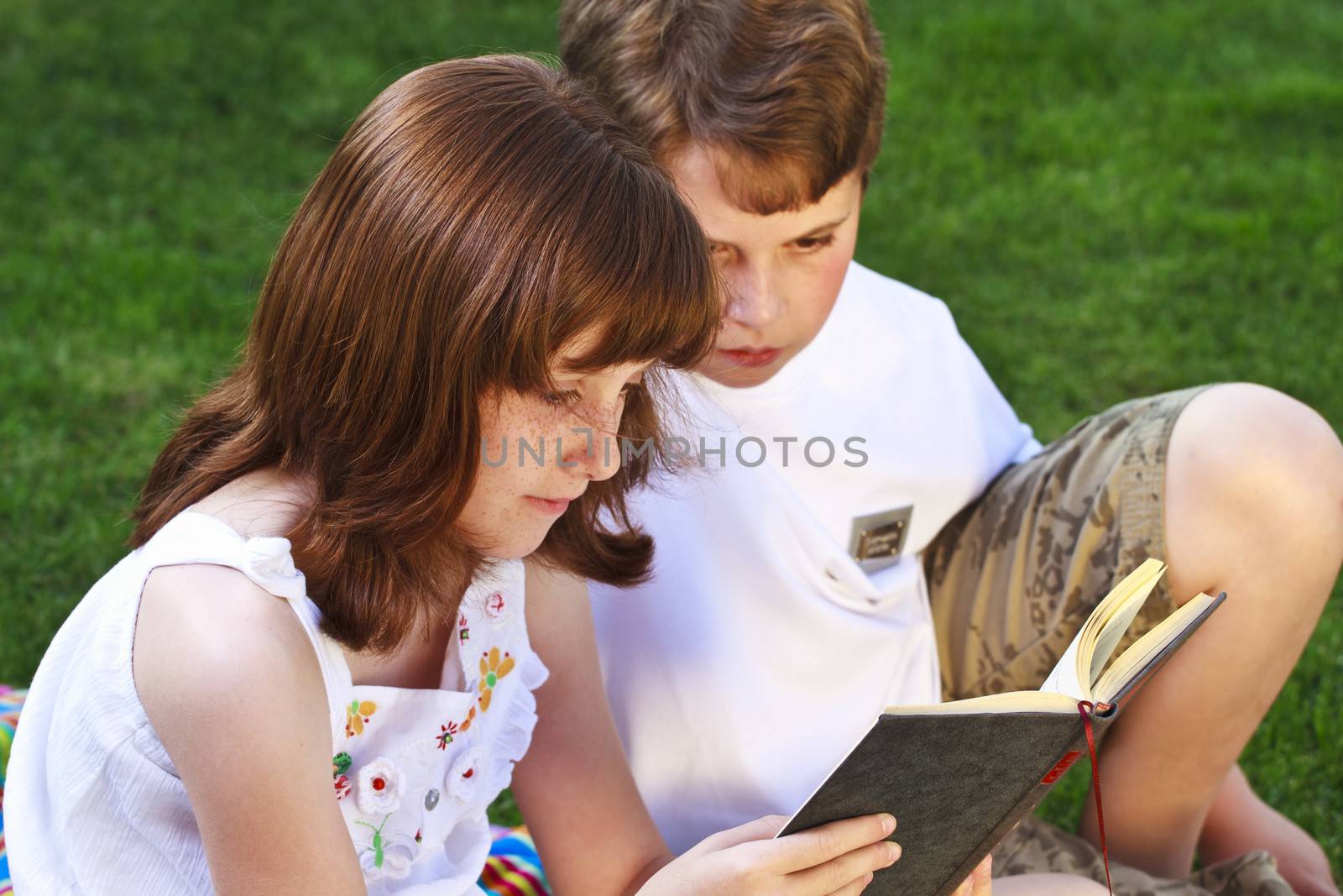 Students.Portrait of cute kids reading books in natural environment