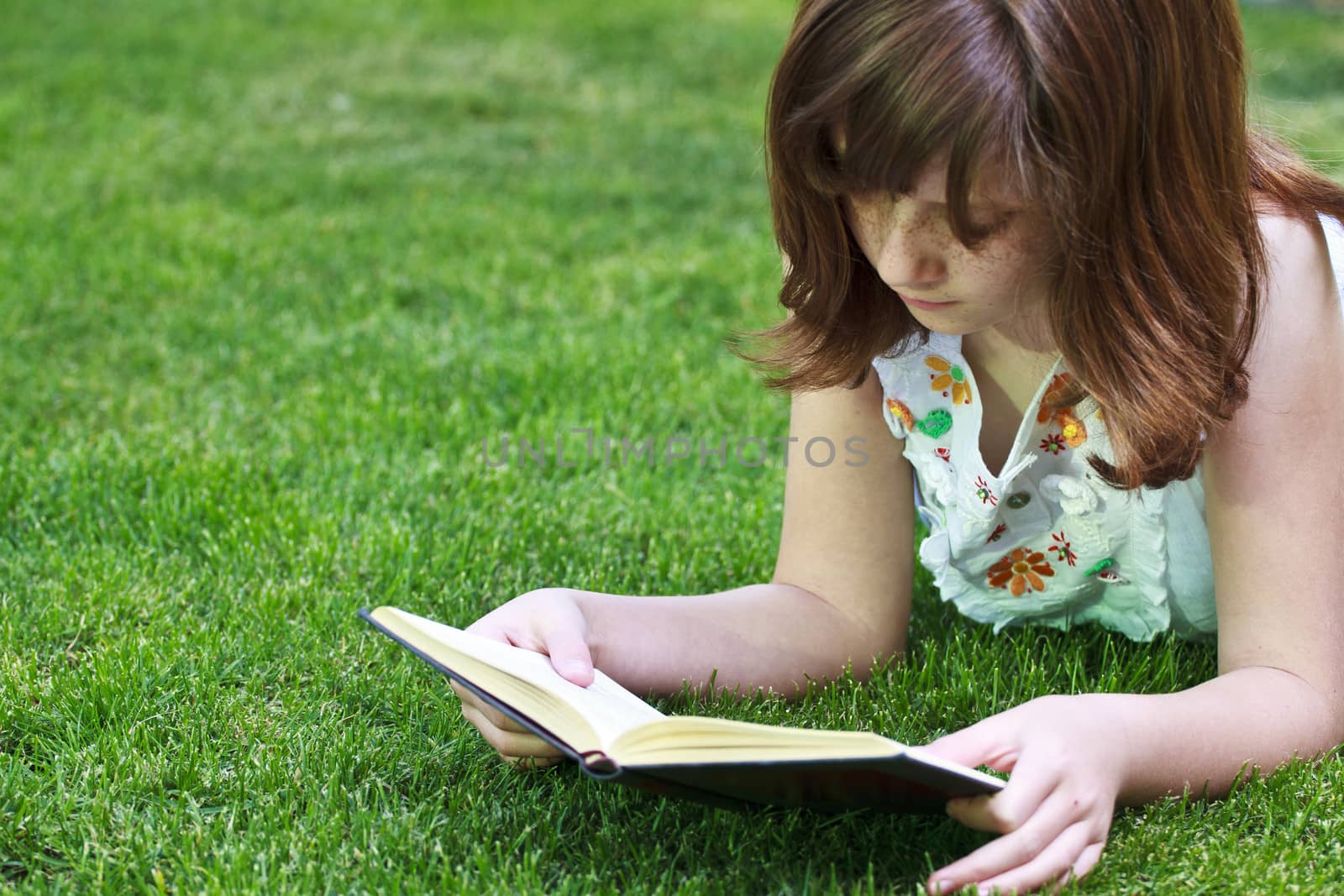 Study.Young beautiful girl reading a book outdoor by FernandoCortes